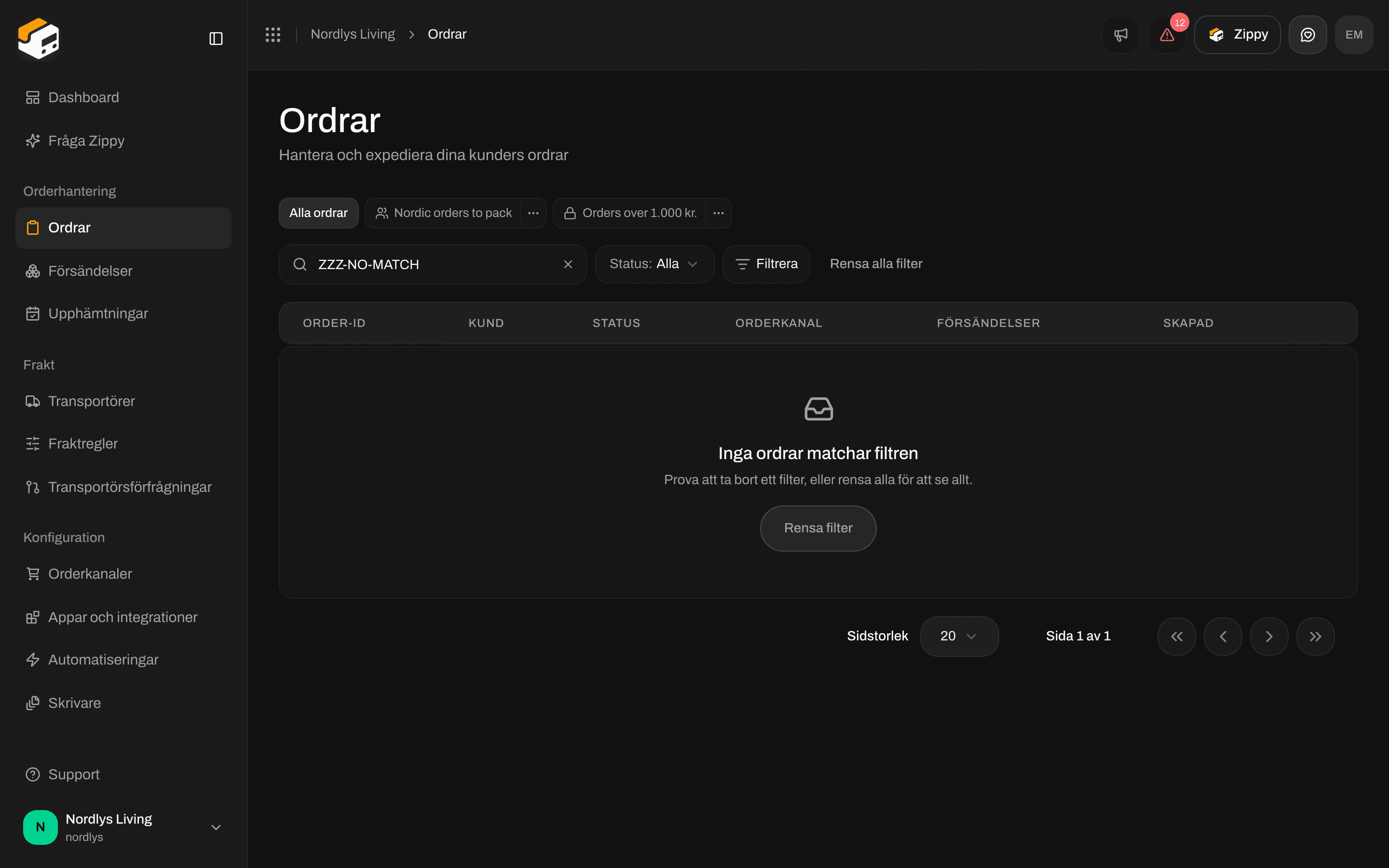 Tom ordertabell med Inga ordrar matchar filtren och en knapp Rensa filter