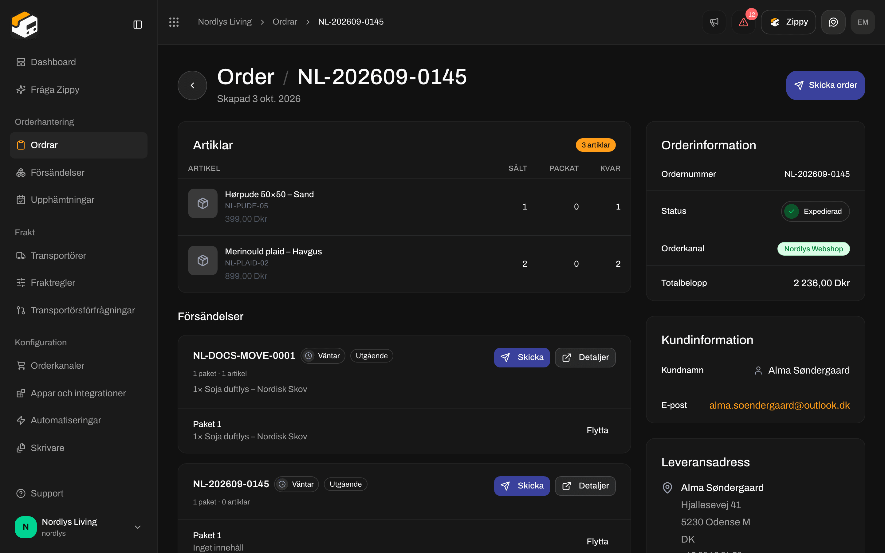 Expedierad order med kundinformation och leveransadress