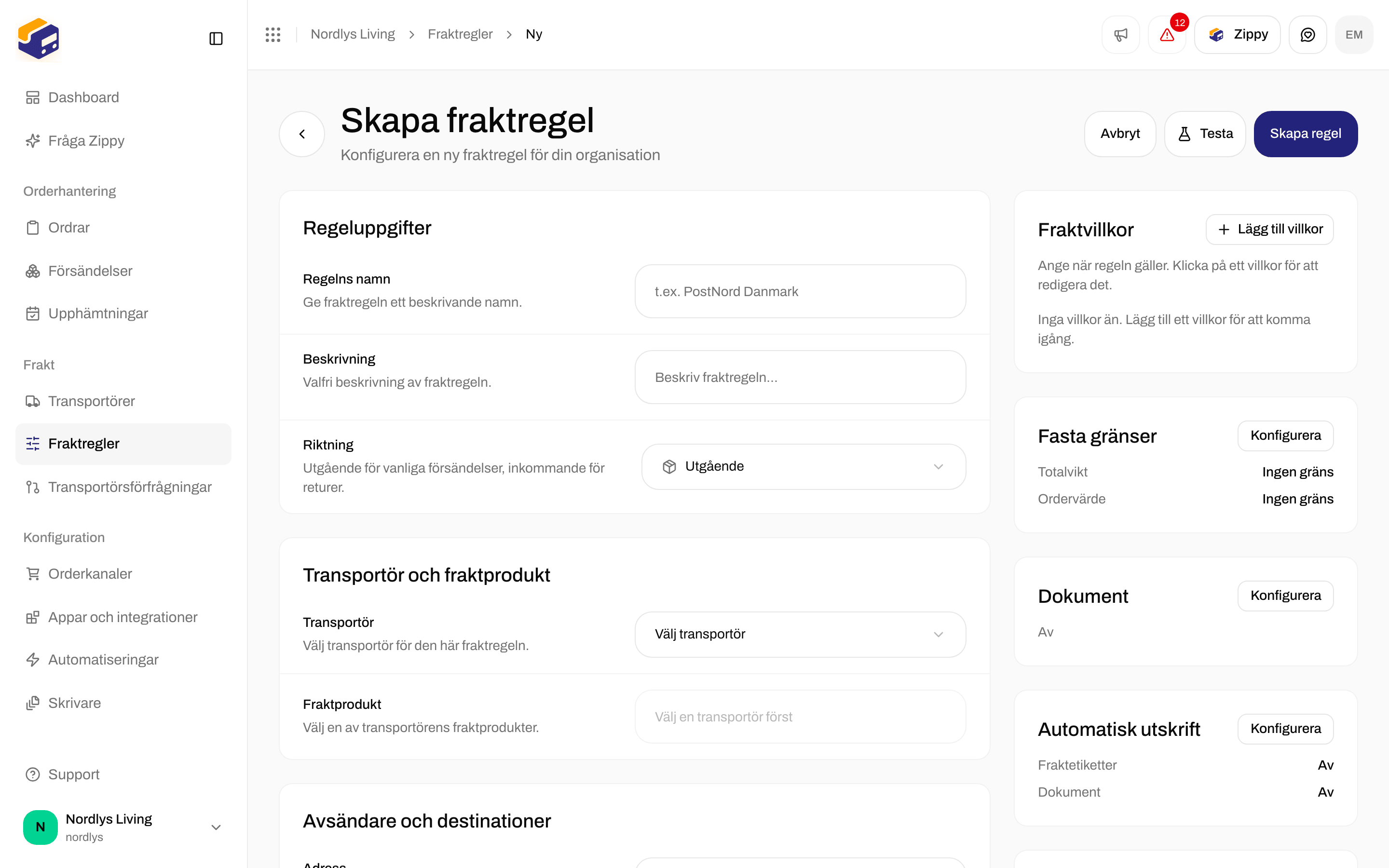 Formuläret Skapa fraktregel med Riktning inställd på Utgående och beskrivningen som förklarar alternativet inkommande för returer