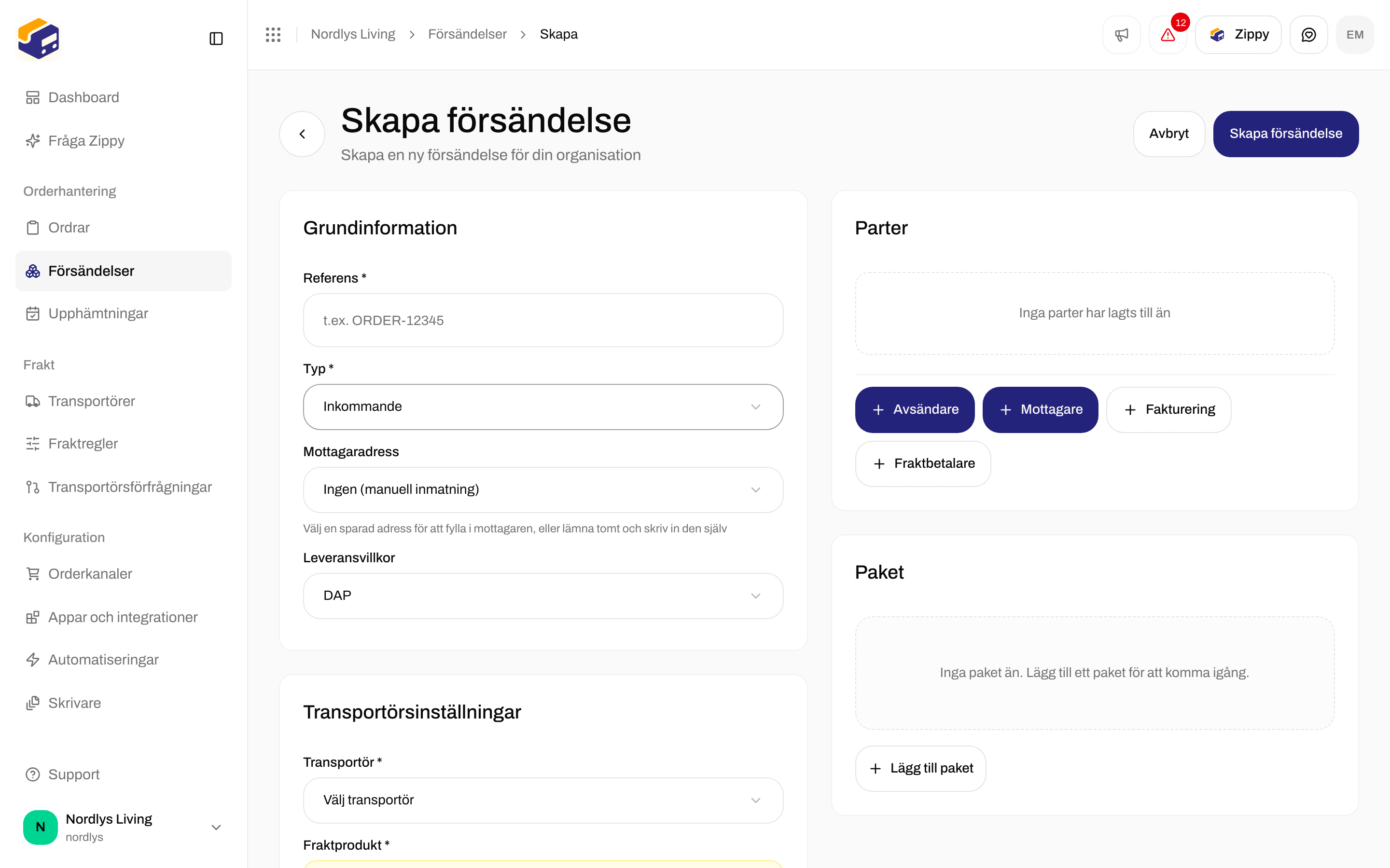 Formuläret Skapa försändelse med Typ Inkommande och Mottagaradress