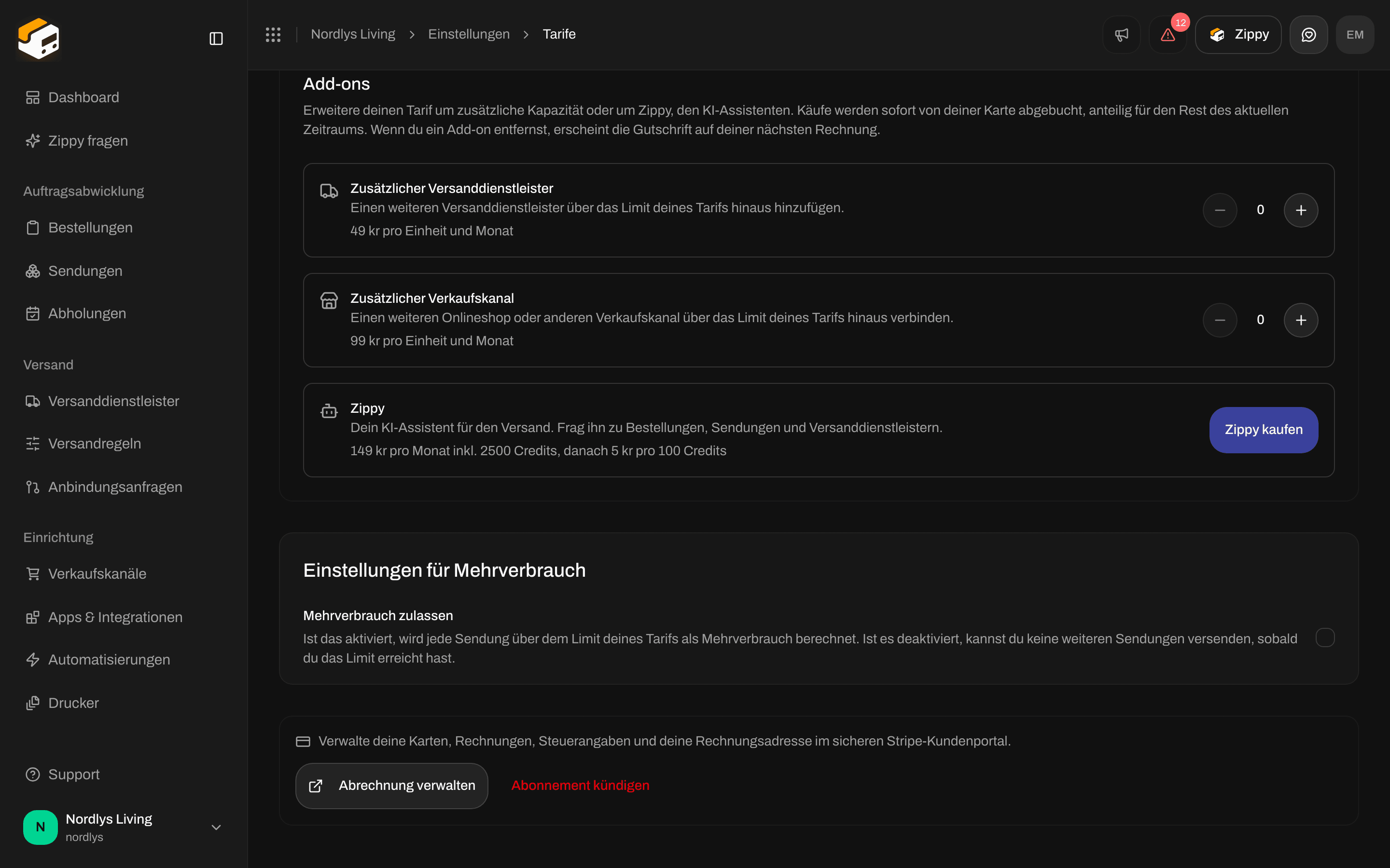 Einstellungen zum Mehrverbrauch mit Mehrverbrauch zulassen und Abrechnung verwalten