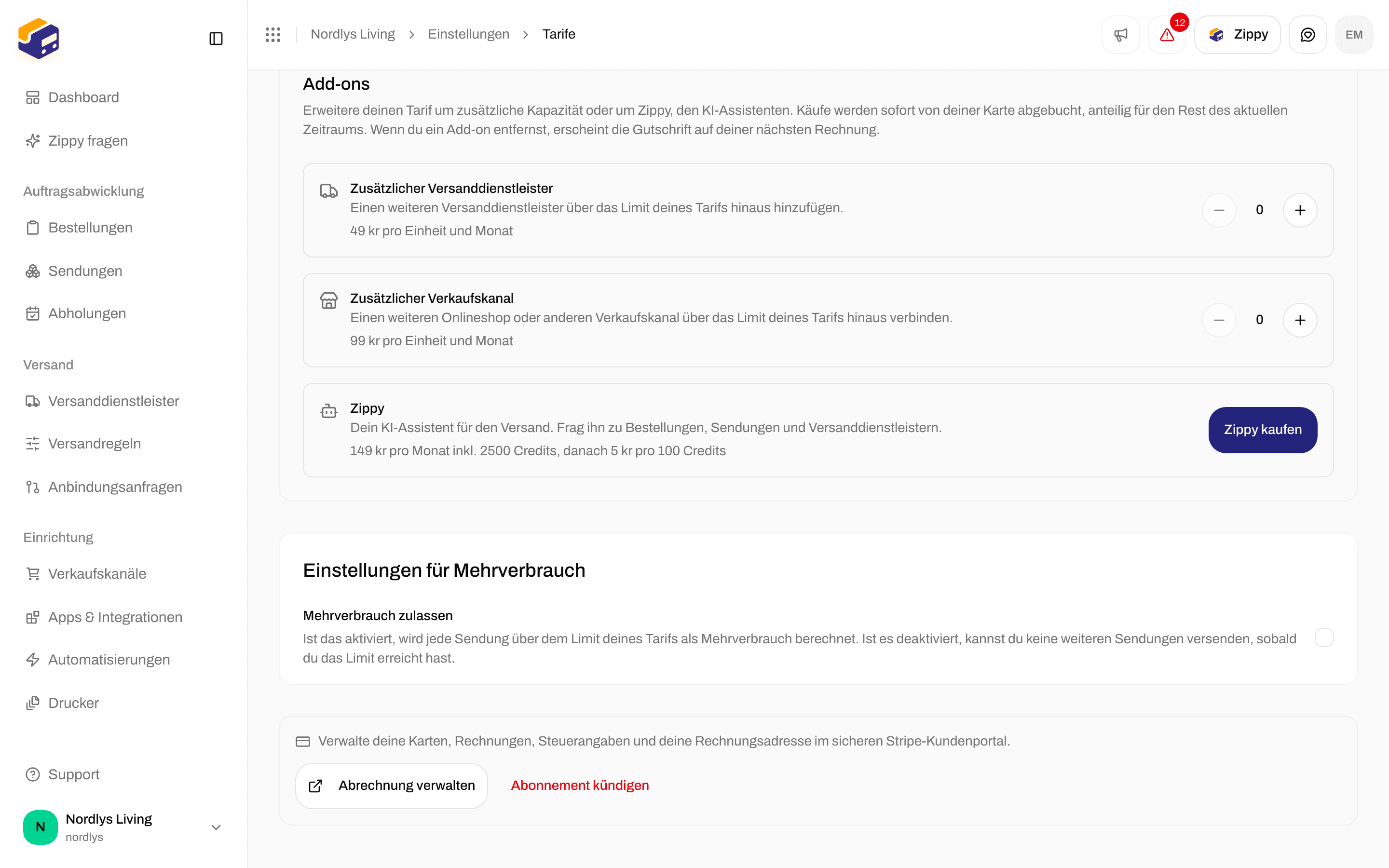 Einstellungen zum Mehrverbrauch mit Mehrverbrauch zulassen und Abrechnung verwalten