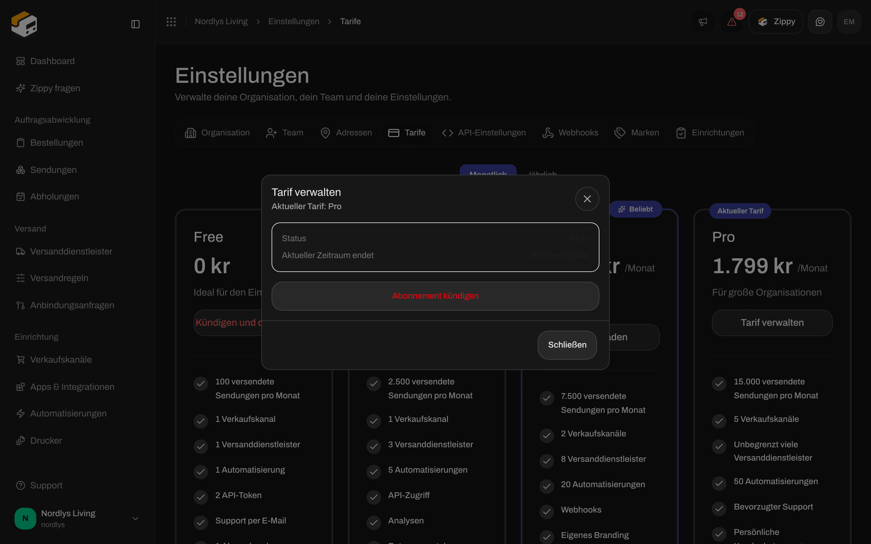 Fenster Tarif verwalten mit aktuellem Tarif, Status und Abonnement kündigen