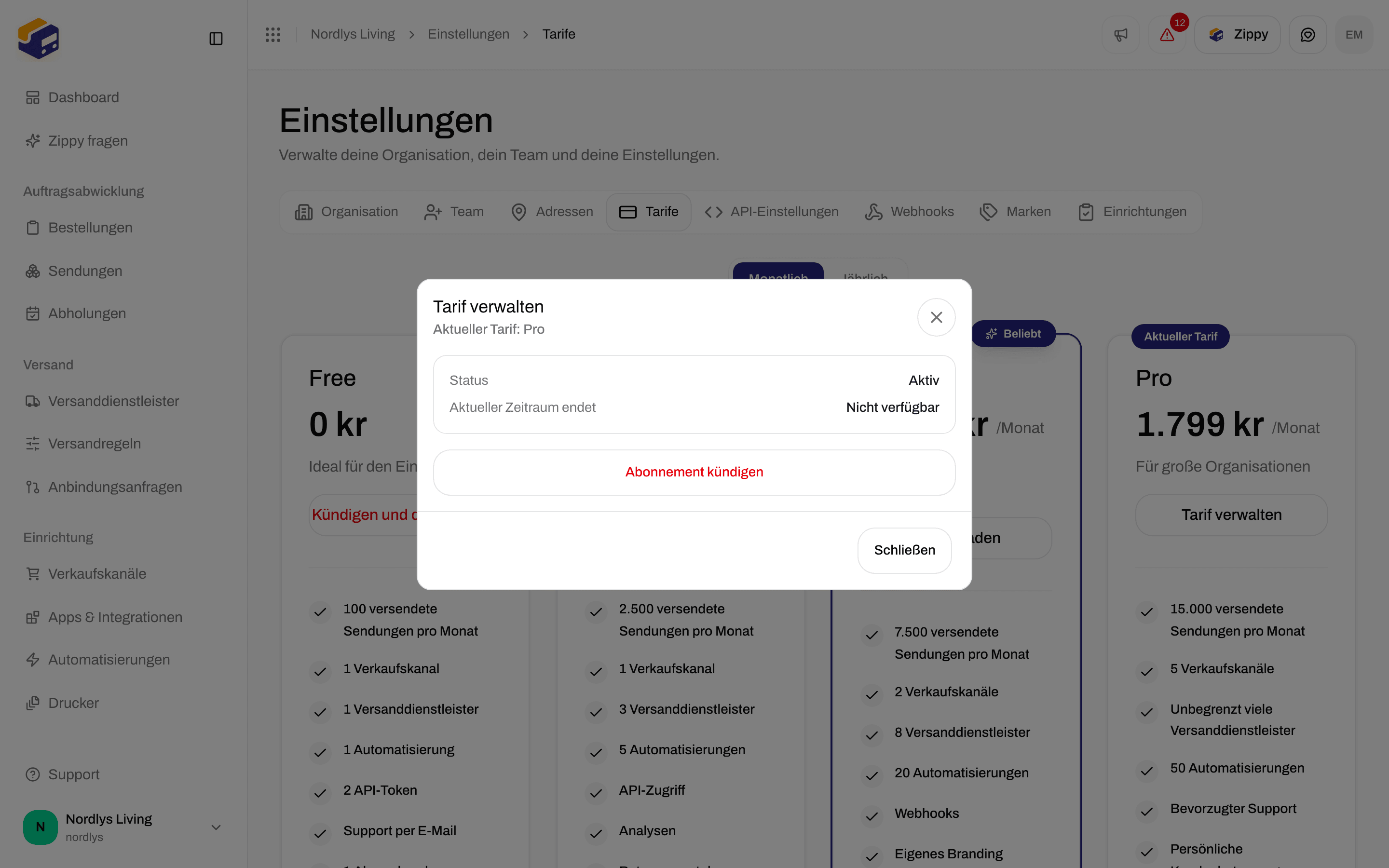 Fenster Tarif verwalten mit aktuellem Tarif, Status und Abonnement kündigen
