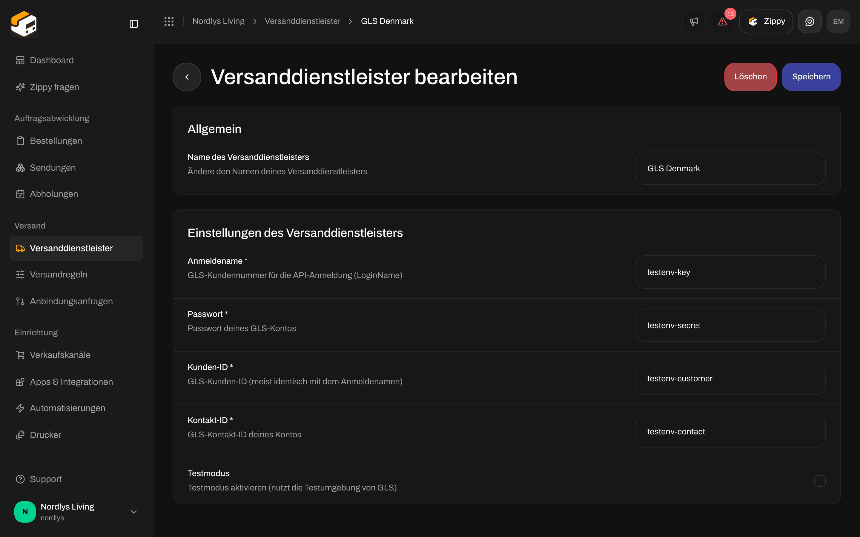 Versanddienstleister bearbeiten bei GLS Denmark mit Anmeldename, Passwort, Kunden-ID, Kontakt-ID und Testmodus