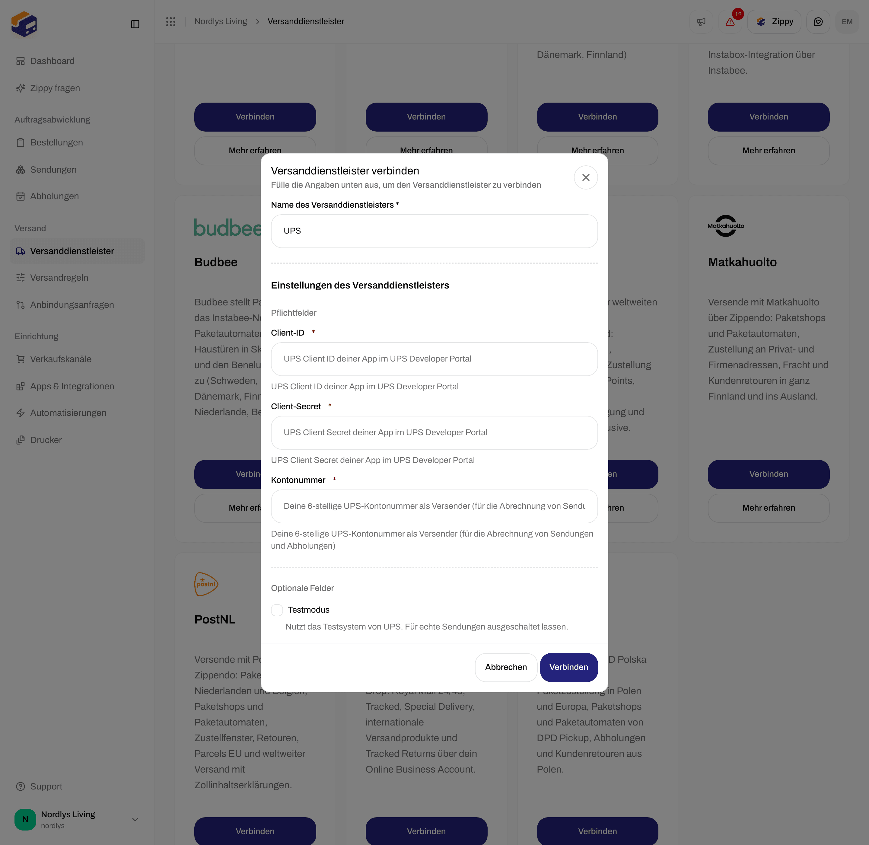 Versanddienstleister verbinden für UPS mit Client ID, Client Secret und Kontonummer