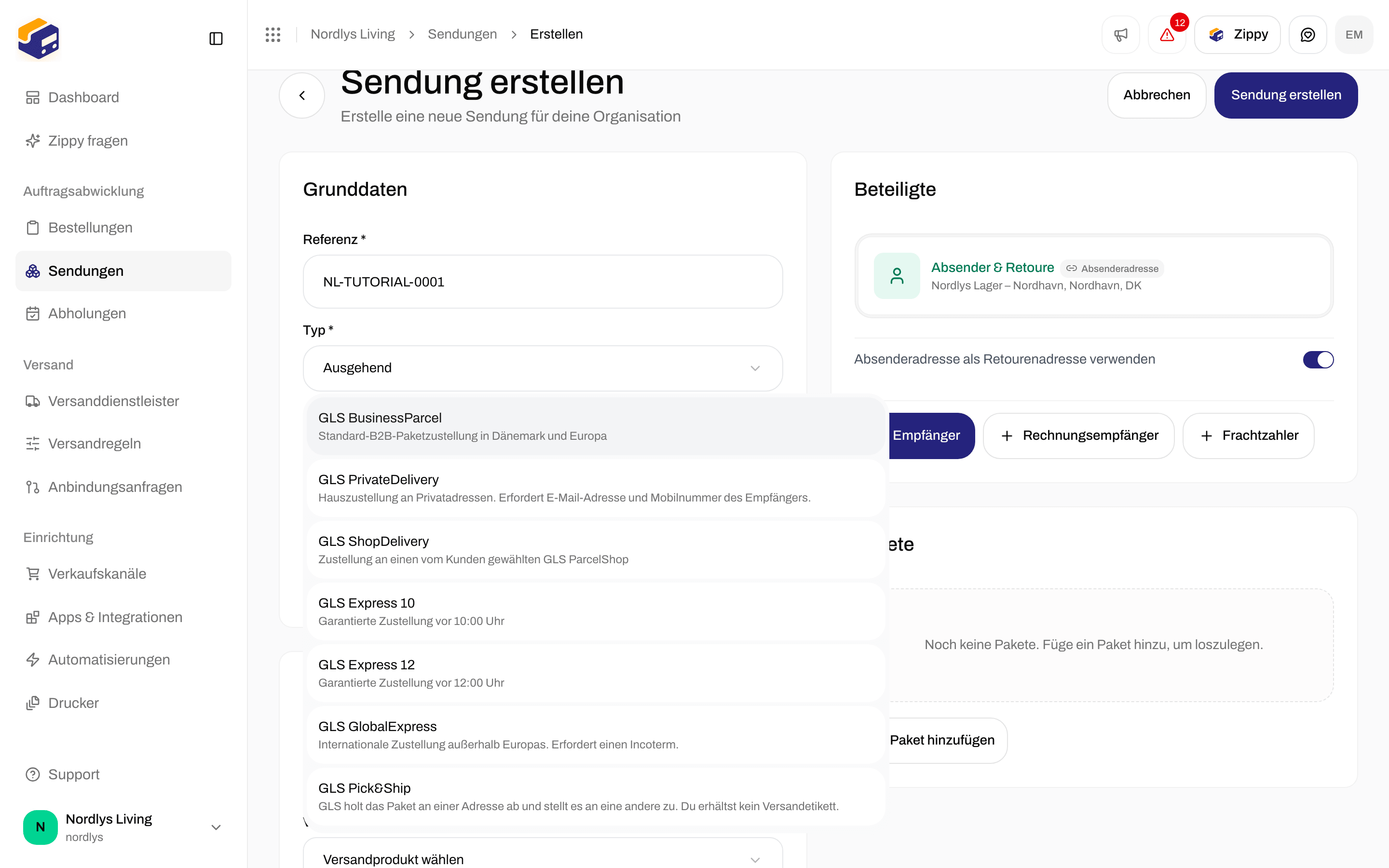 Karte Einstellungen des Versanddienstleisters mit gewähltem GLS Denmark und geöffneter Liste Versandprodukt