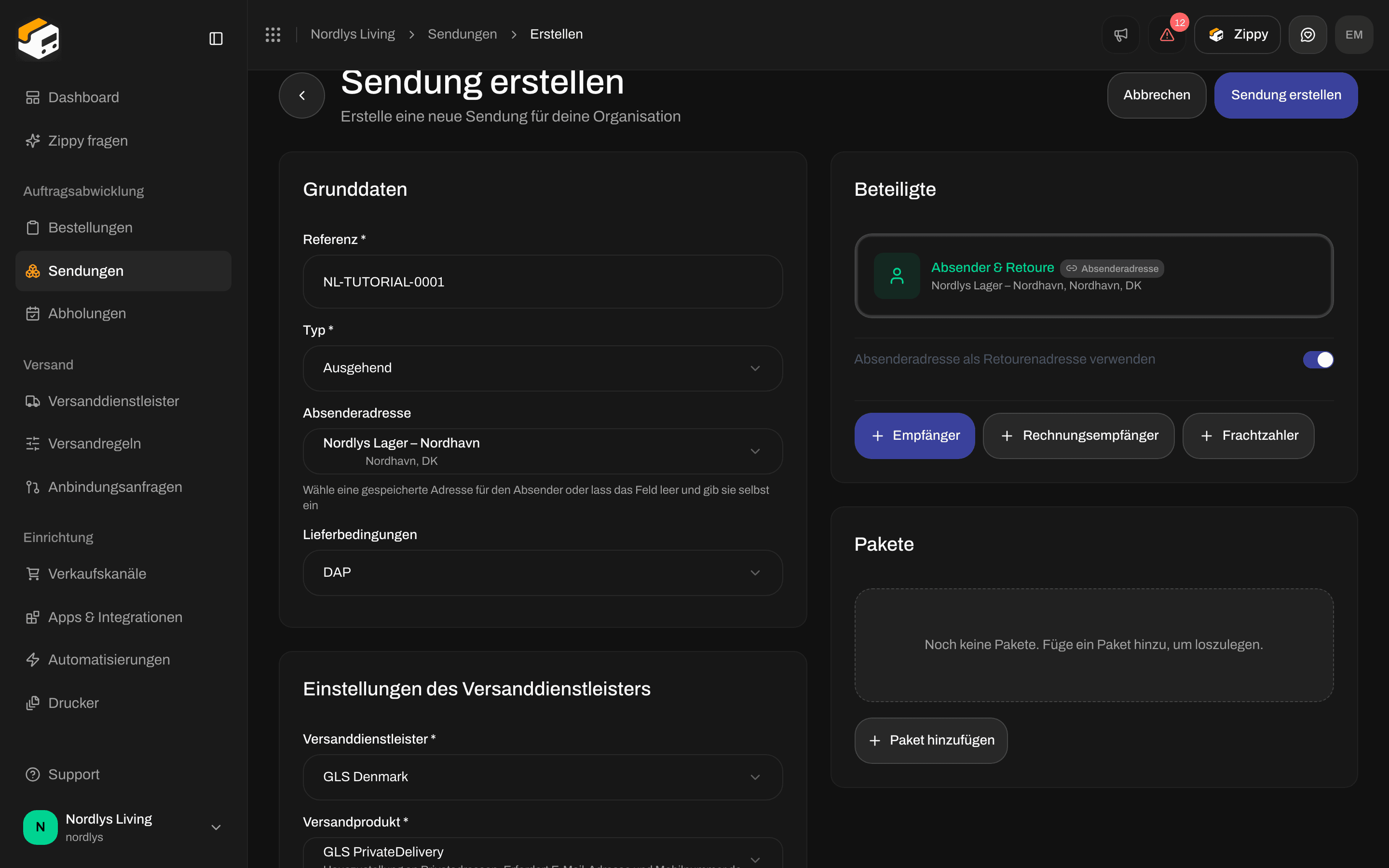 Karte Einstellungen des Versanddienstleisters mit GLS PrivateDelivery und drei Zusatzleistungen