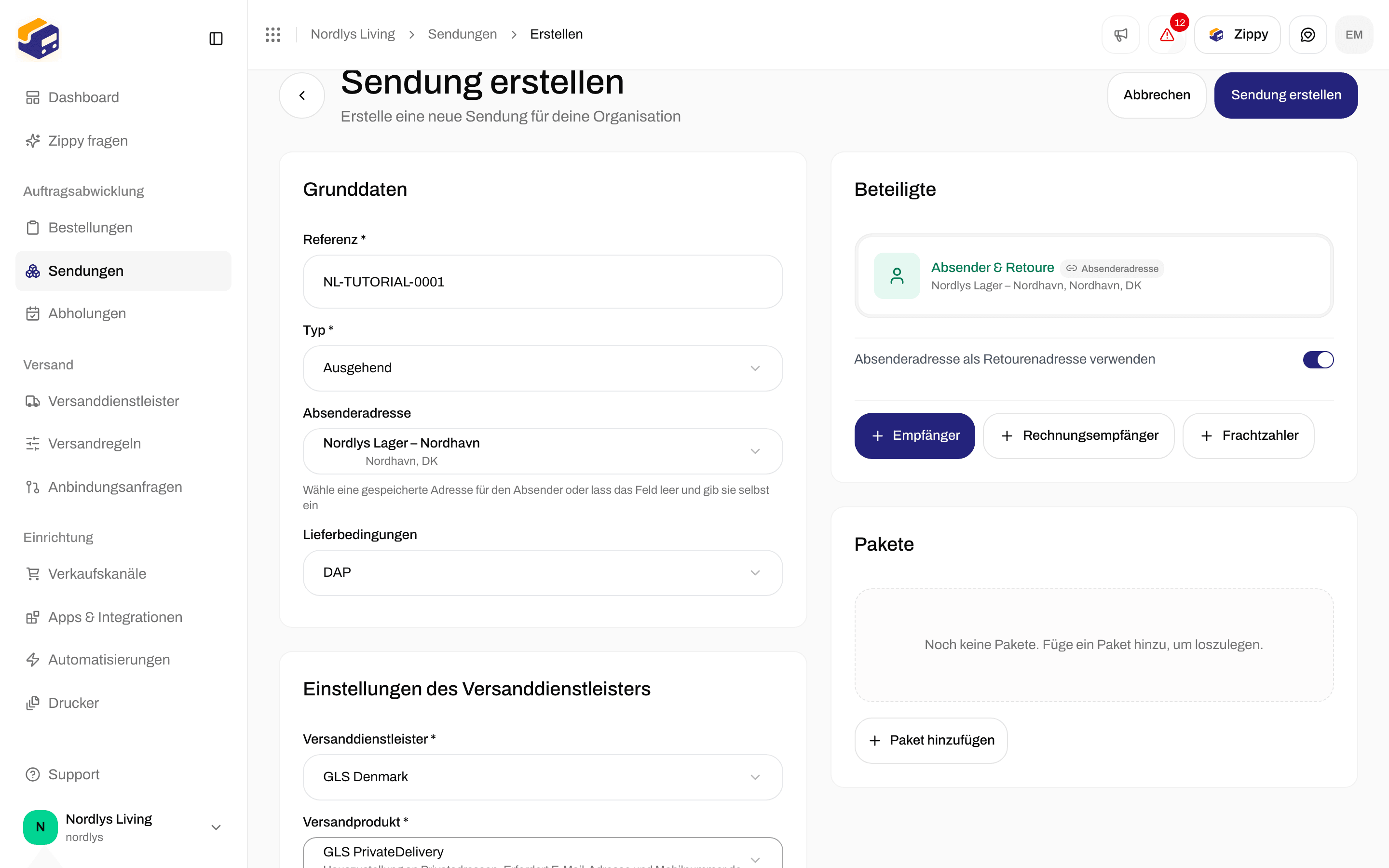 Karte Einstellungen des Versanddienstleisters mit GLS PrivateDelivery und drei Zusatzleistungen