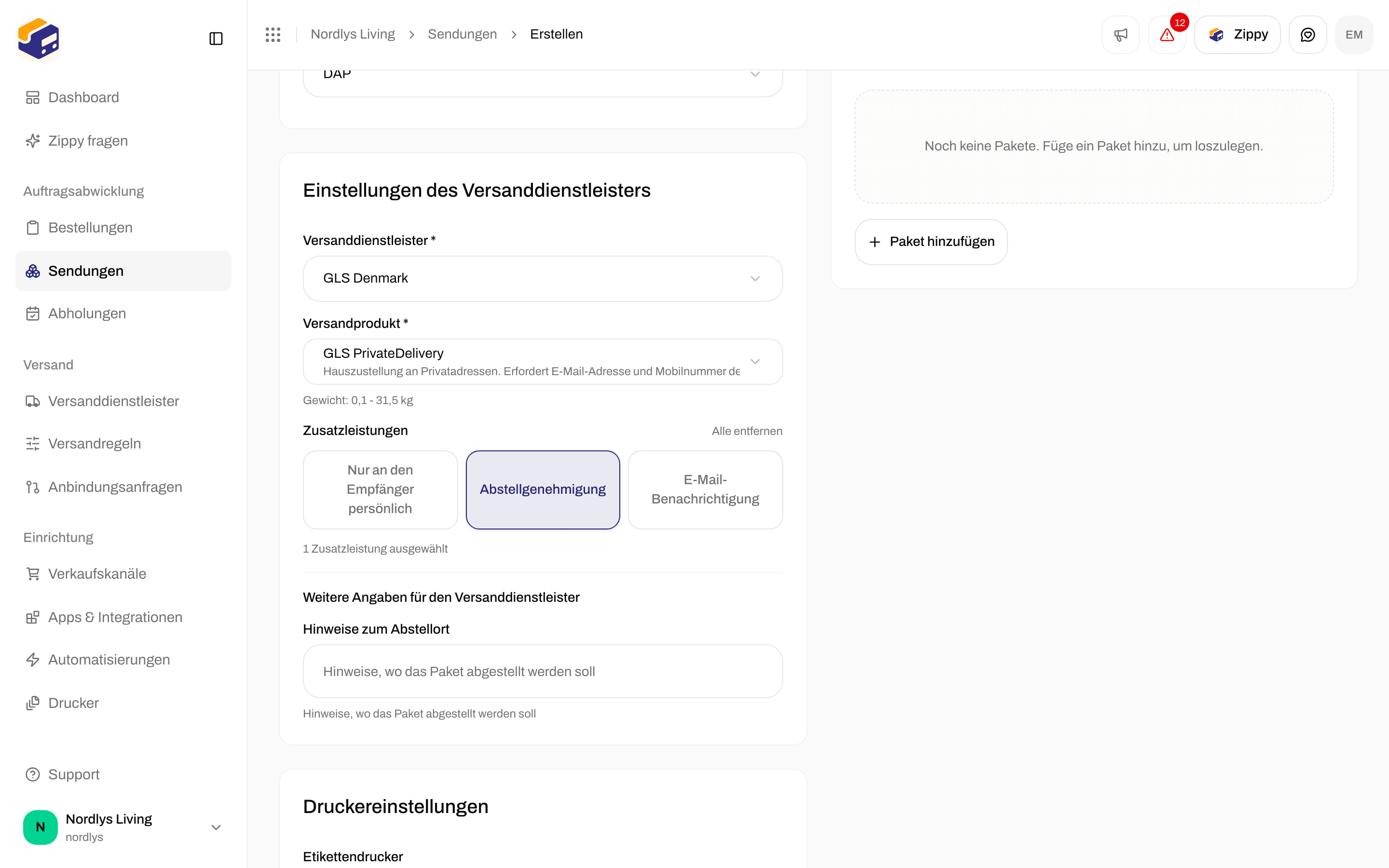 Weitere Angaben für den Versanddienstleister mit dem Feld Hinweise zum Abstellort, nachdem Abstellgenehmigung eingeschaltet wurde