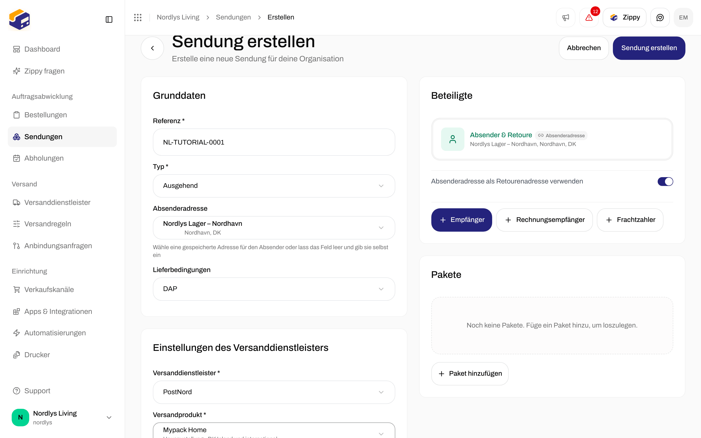 Karte Einstellungen des Versanddienstleisters mit PostNord Mypack Home, seinen Zusatzleistungen und dem Suchfeld