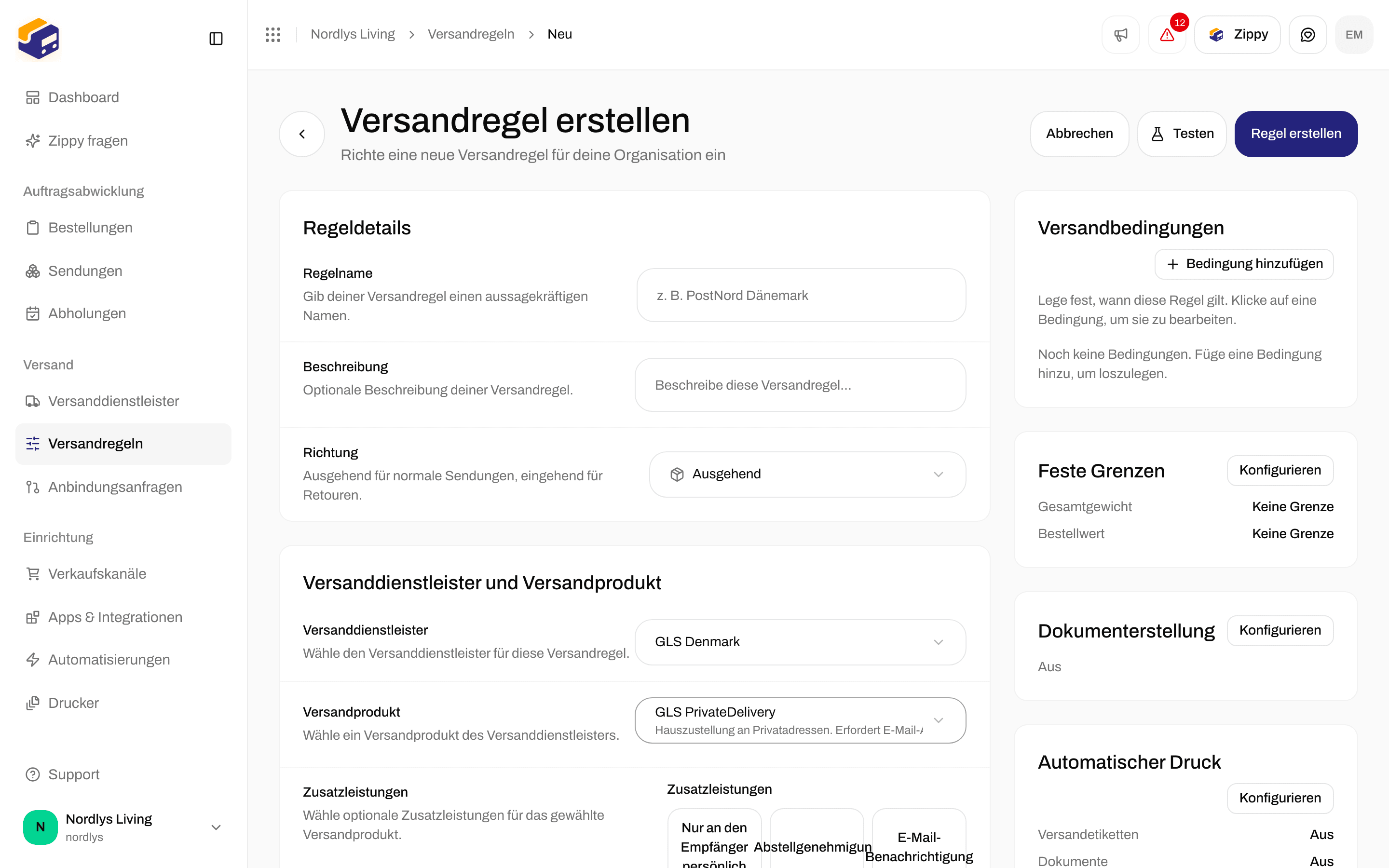 Formular Versandregel erstellen mit den Feldern Versanddienstleister, Versandprodukt und Zusatzleistungen
