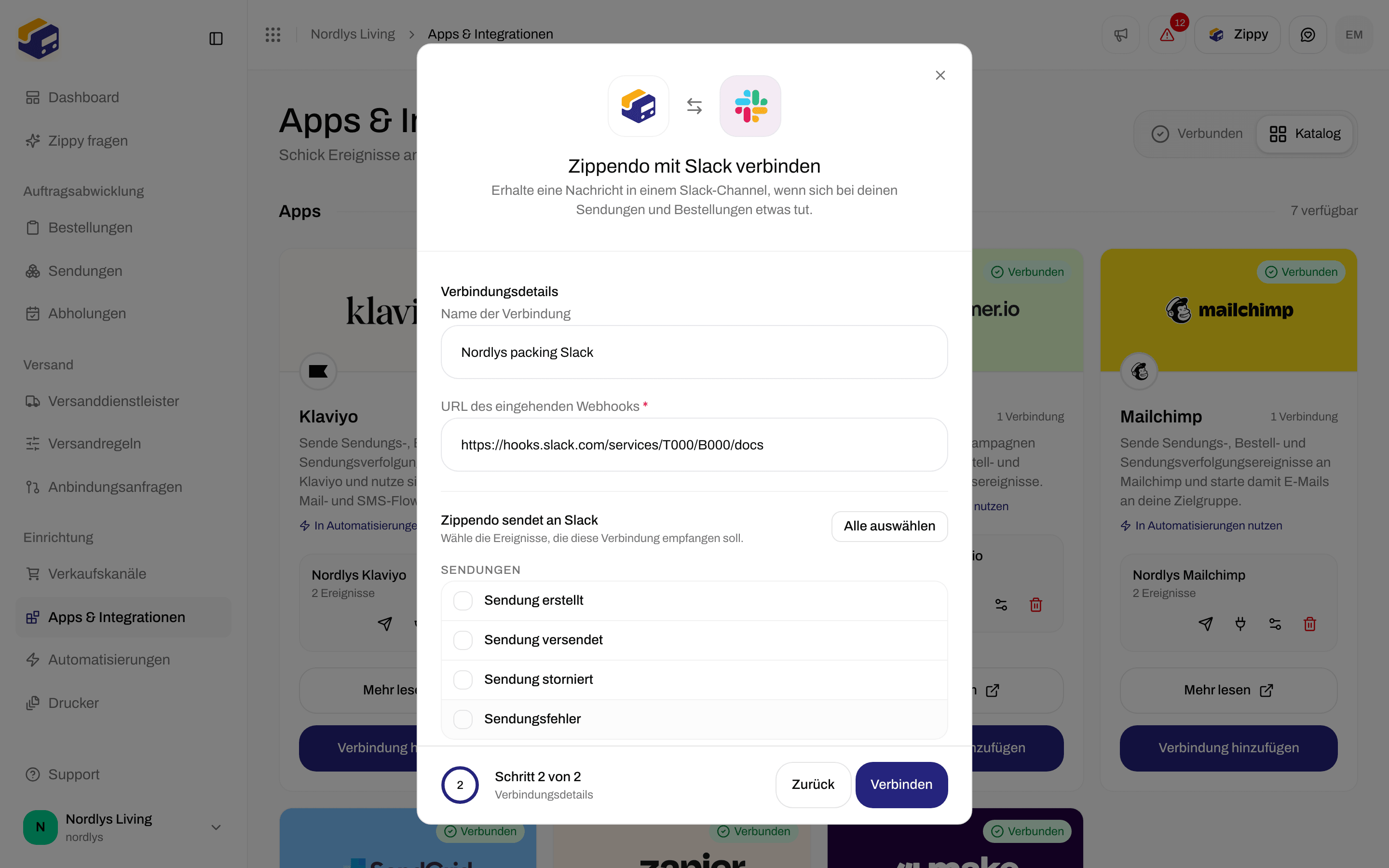 Verbindungsfenster für Slack mit Name der Verbindung, URL des eingehenden Webhooks und Kontrollkästchen für Ereignisse