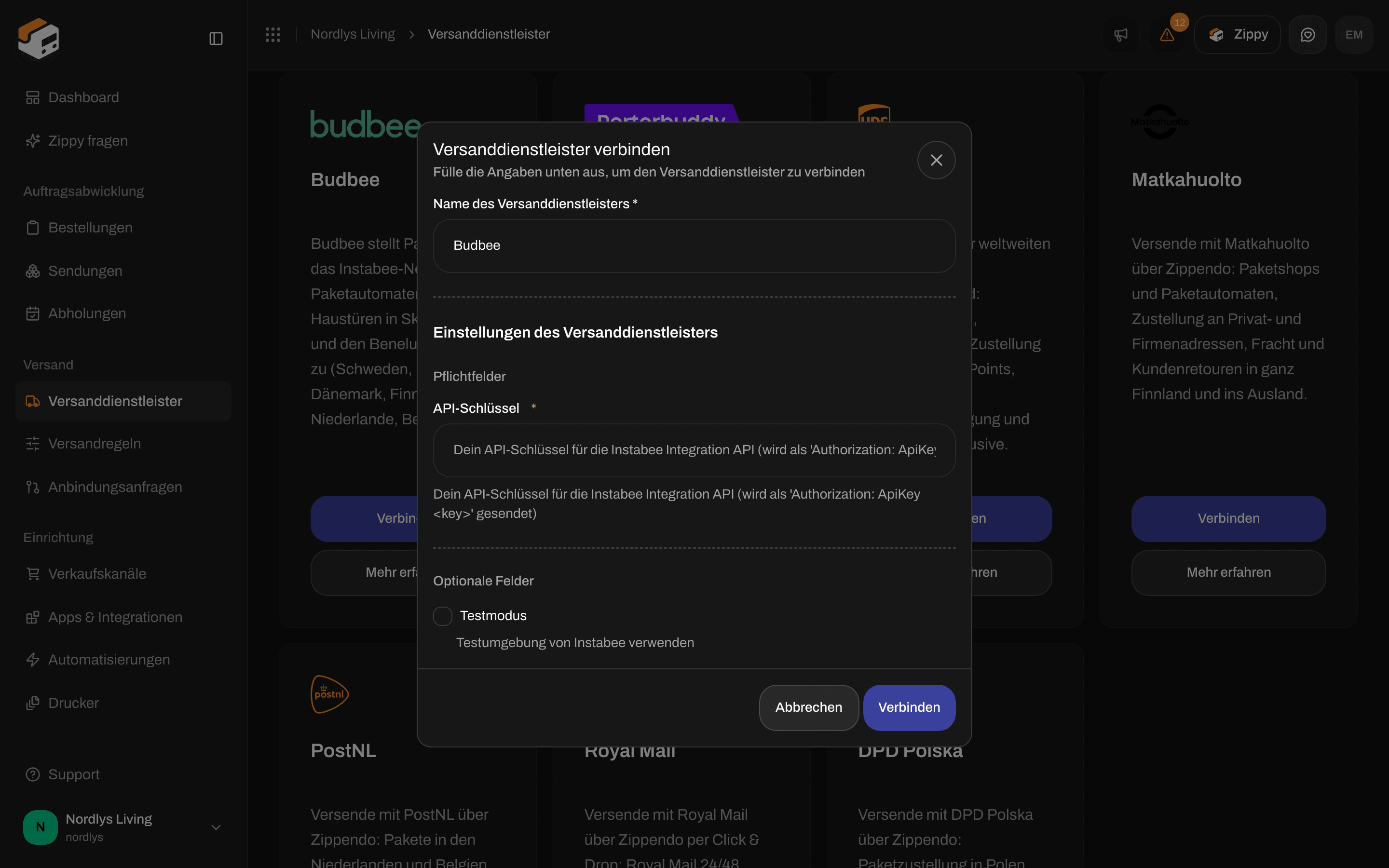Fenster Versanddienstleister verbinden für Budbee mit dem erforderlichen API-Schlüssel und dem optionalen Testmodus