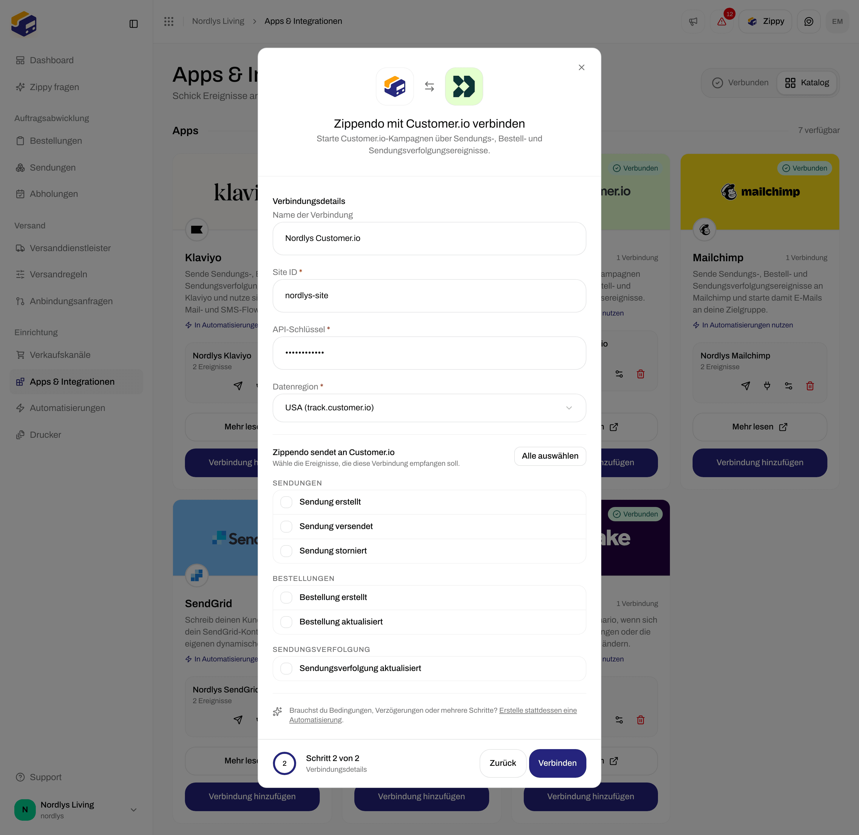 Customer.io-Verbindungsfenster, gescrollt zu den Kontrollkästchen für Bestell- und Sendungsverfolgungsereignisse