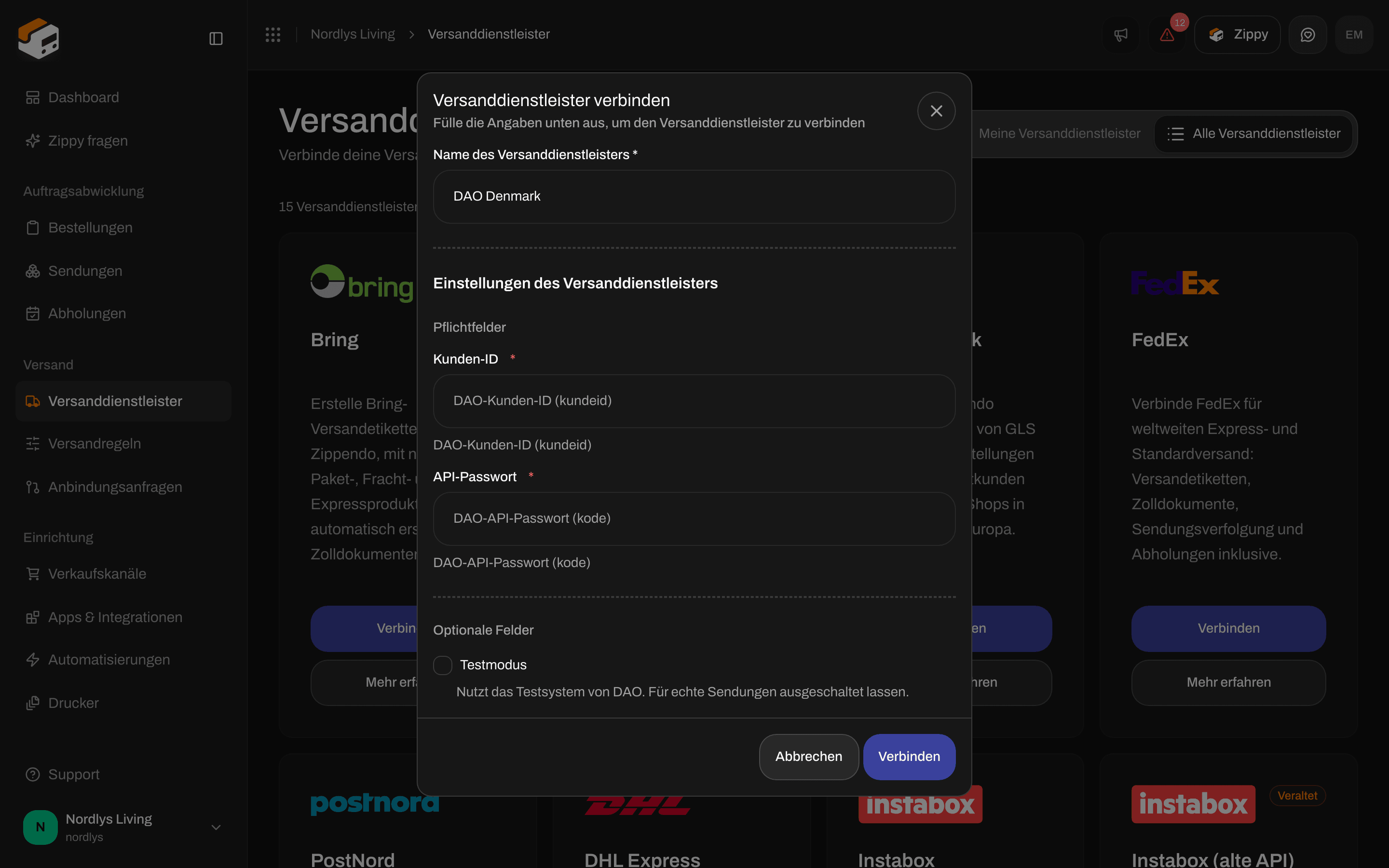 Fenster Versanddienstleister verbinden für DAO Denmark mit den erforderlichen Feldern Customer ID und API password