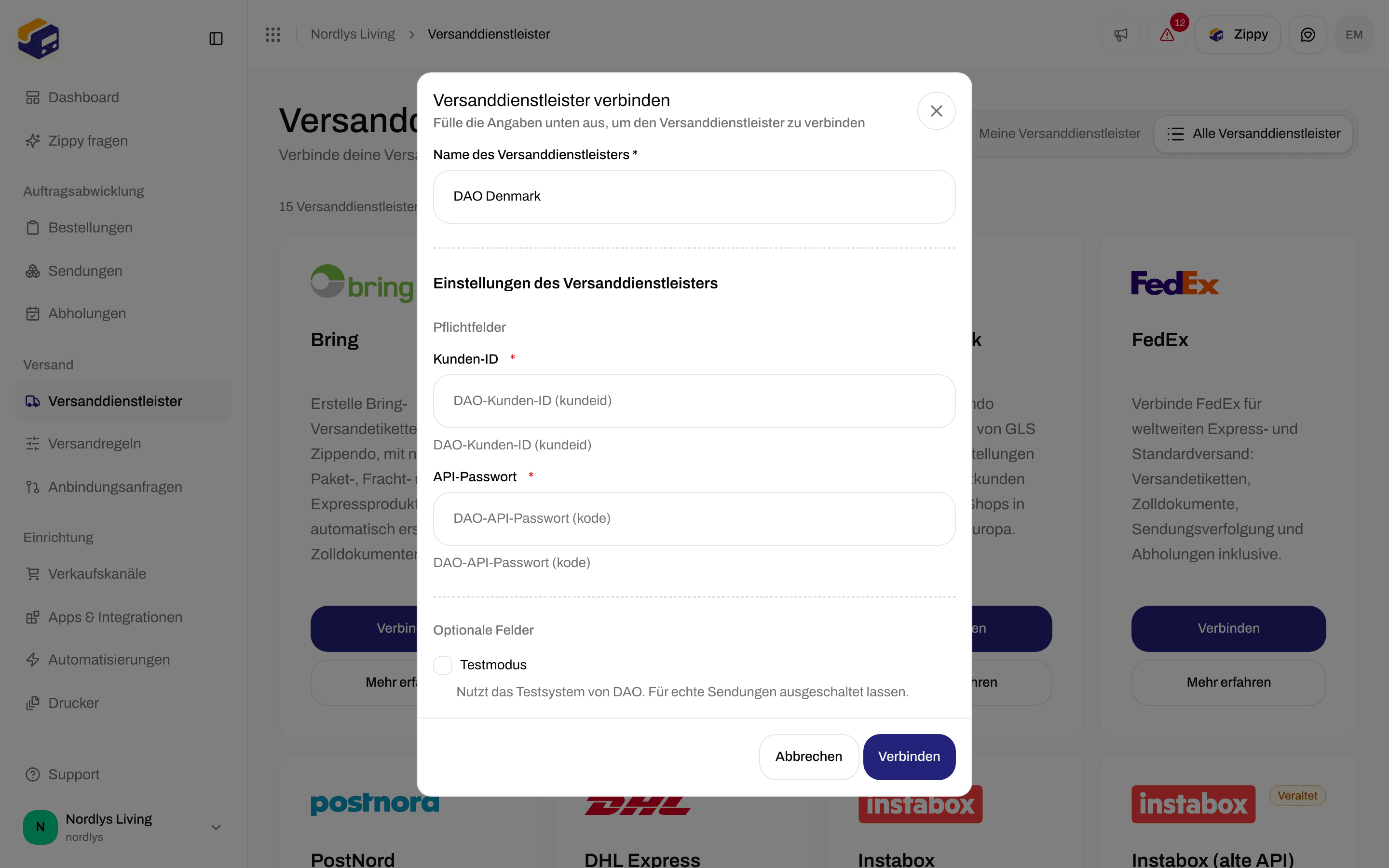 Fenster Versanddienstleister verbinden für DAO Denmark mit den erforderlichen Feldern Customer ID und API password