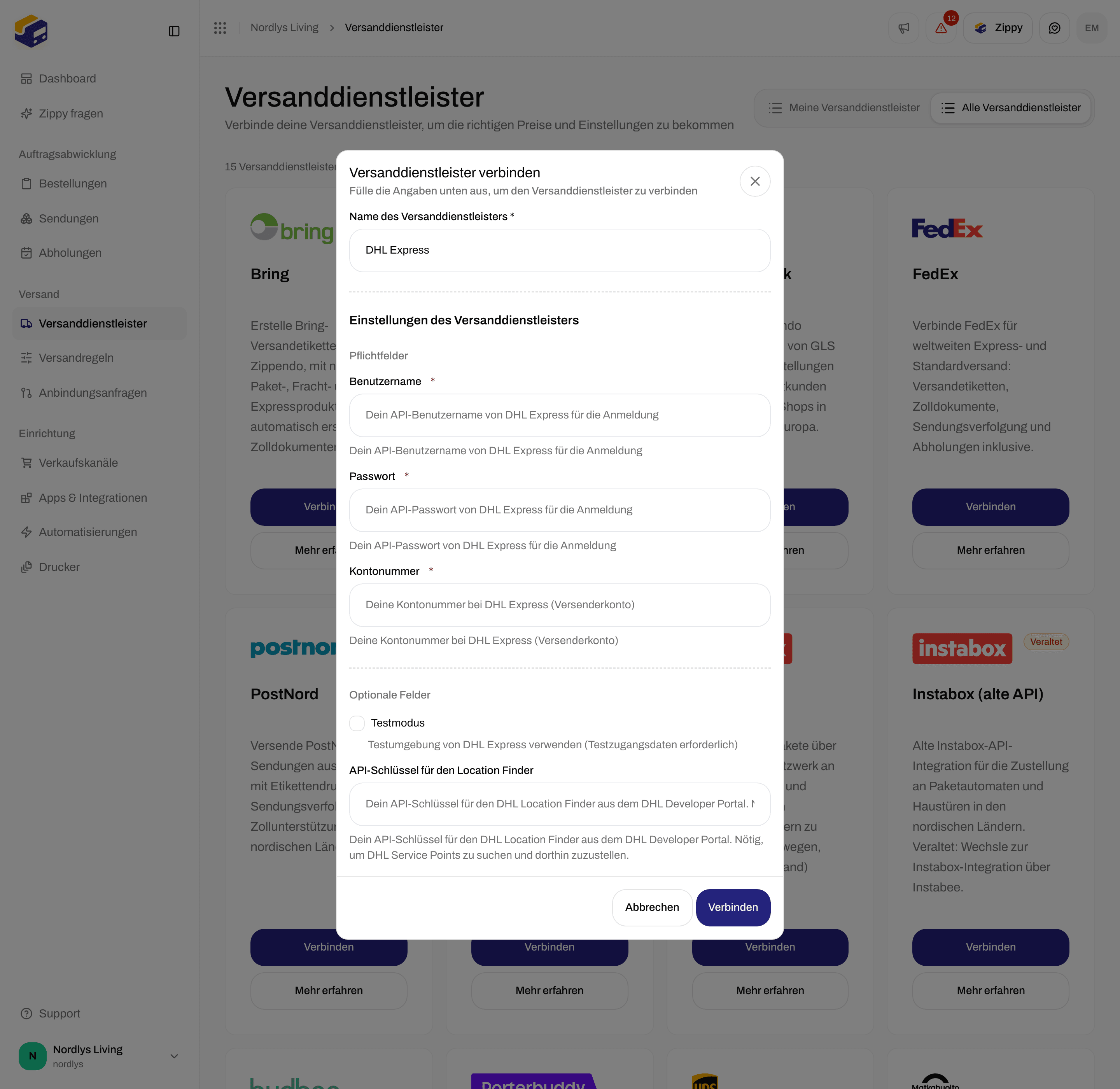 Fenster Versanddienstleister verbinden für DHL Express mit den erforderlichen Feldern Benutzername, Passwort und Kontonummer