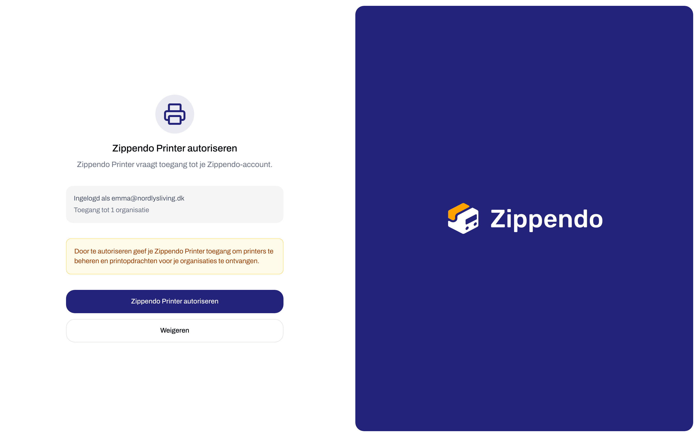 Autorisatiepagina in de browser met het e-mailadres waarmee je bent ingelogd, de waarschuwing over toegang en de knoppen Autoriseren en Weigeren
