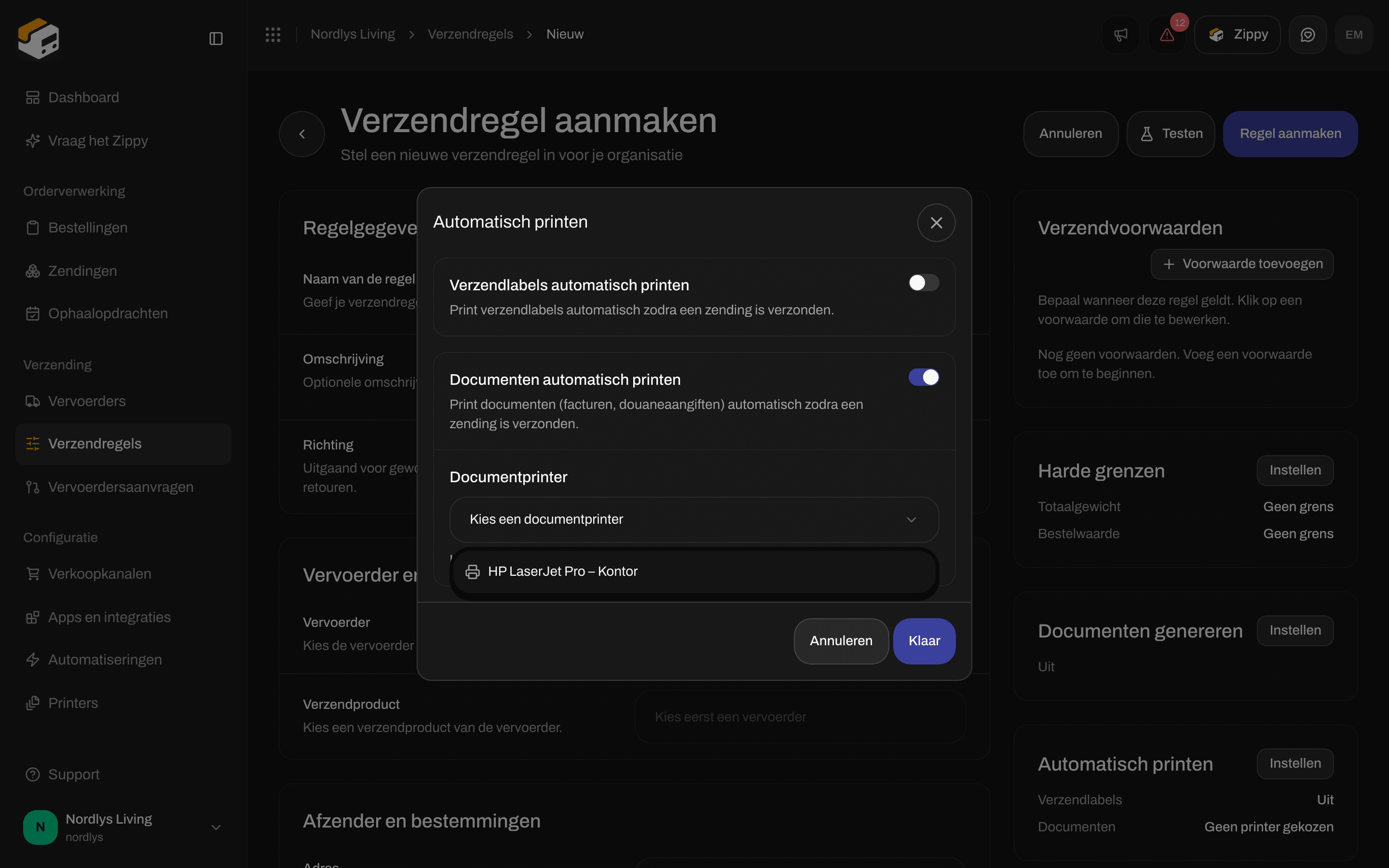 Dialoogvenster Automatisch printen met Documenten automatisch printen ingeschakeld en de lijst Documentprinter