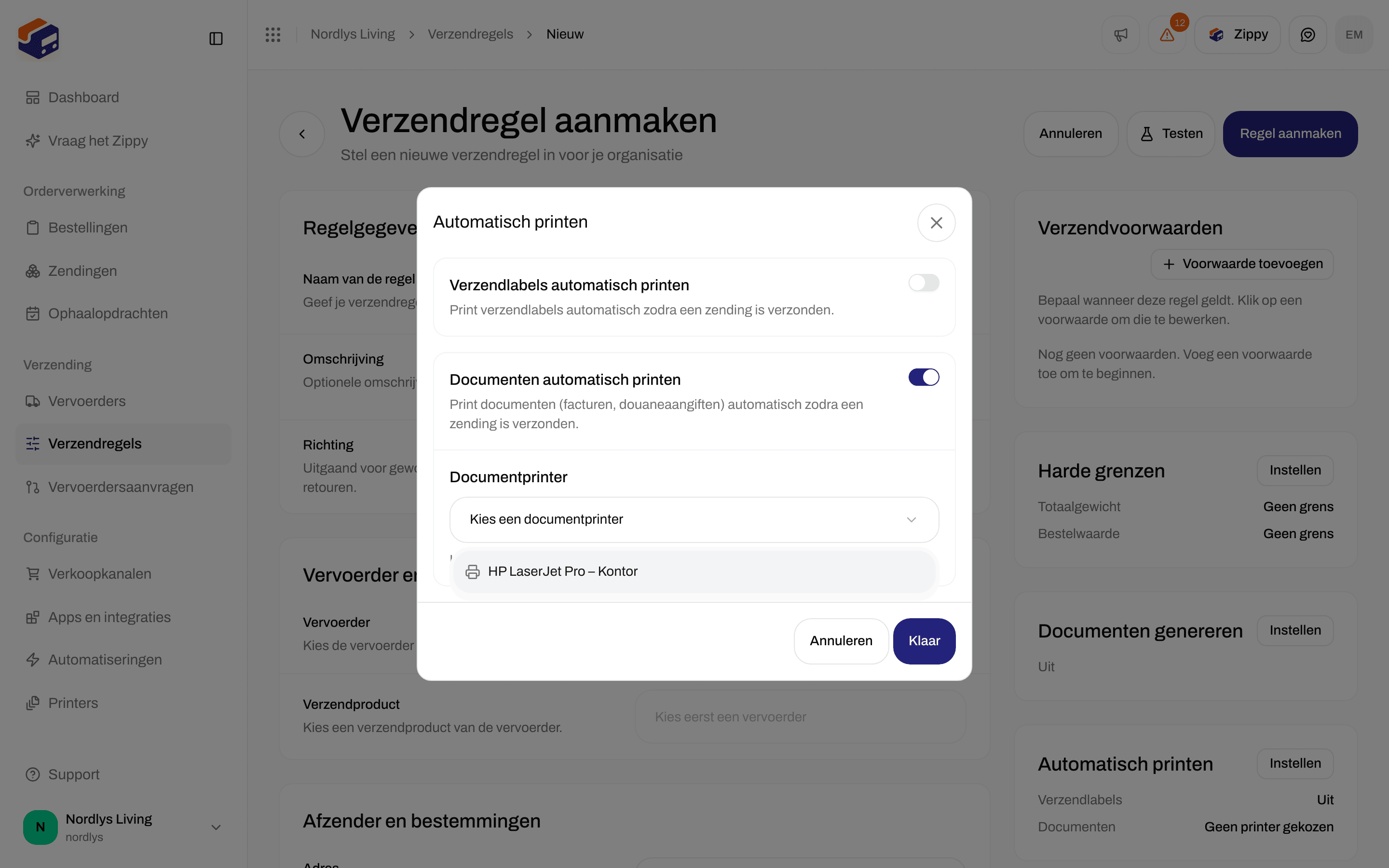 Dialoogvenster Automatisch printen met Documenten automatisch printen ingeschakeld en de lijst Documentprinter