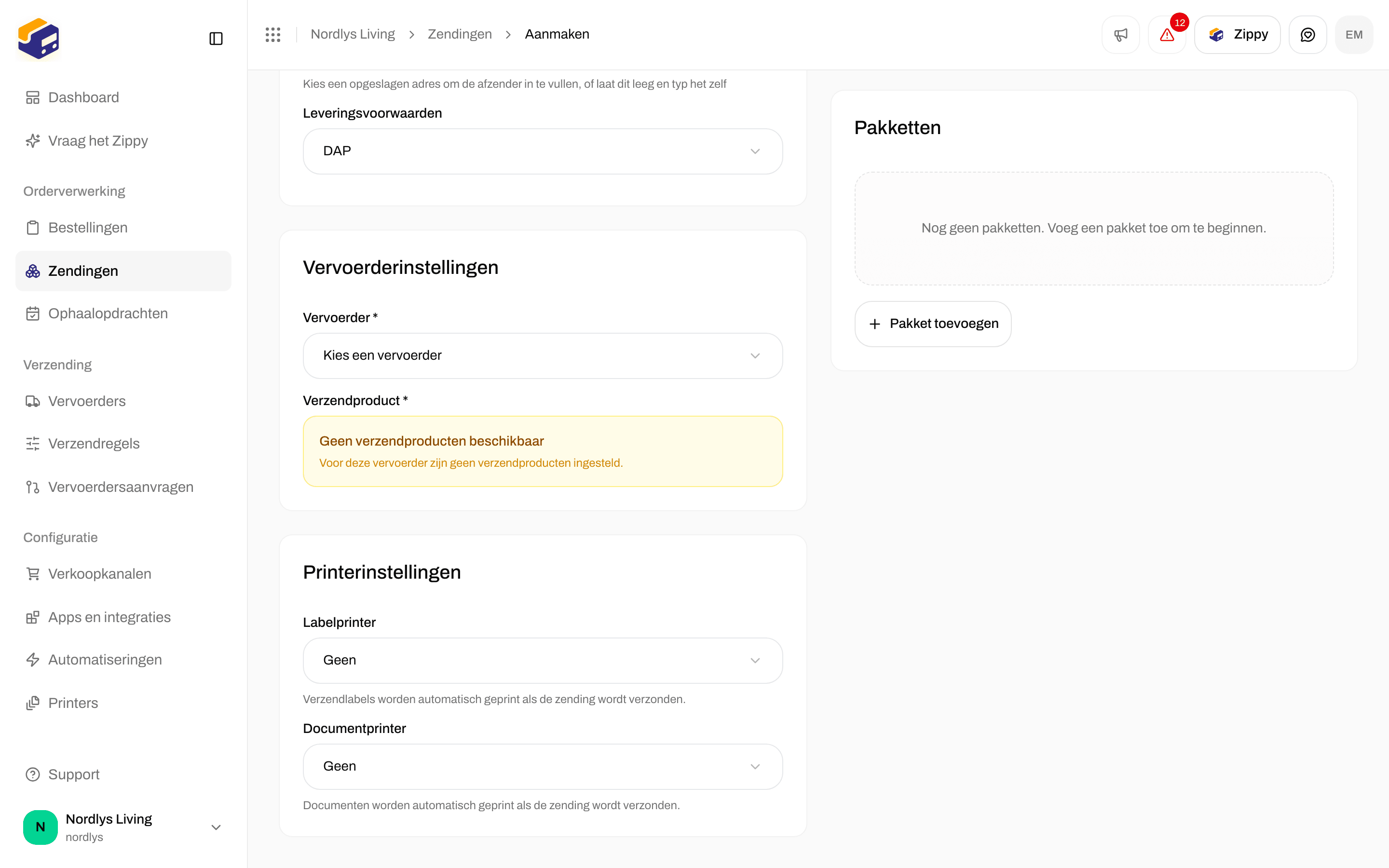Vak Printerinstellingen op Zending aanmaken met Labelprinter en Documentprinter op Geen
