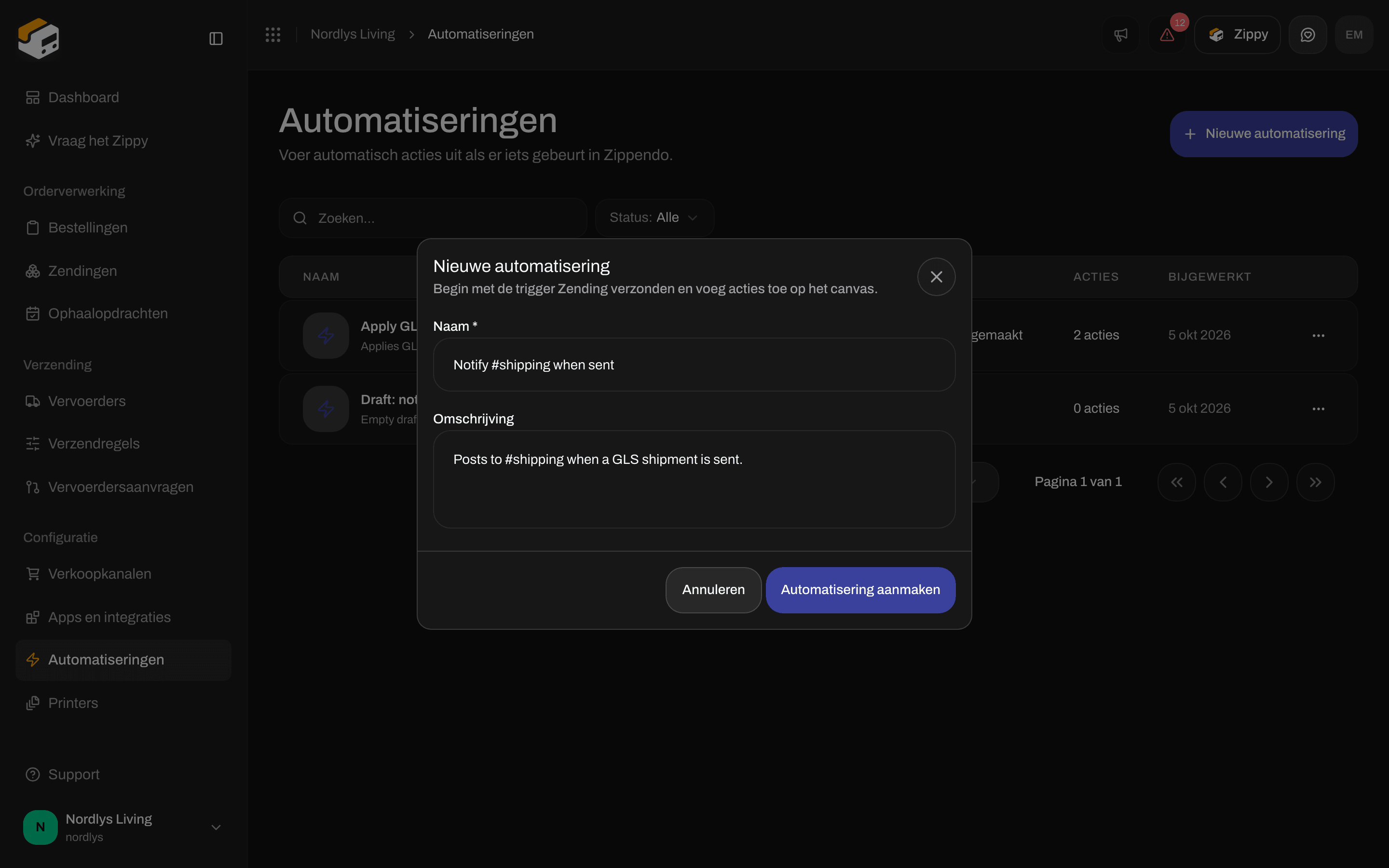 Venster Nieuwe automatisering met Naam, Omschrijving, Annuleren en Automatisering aanmaken