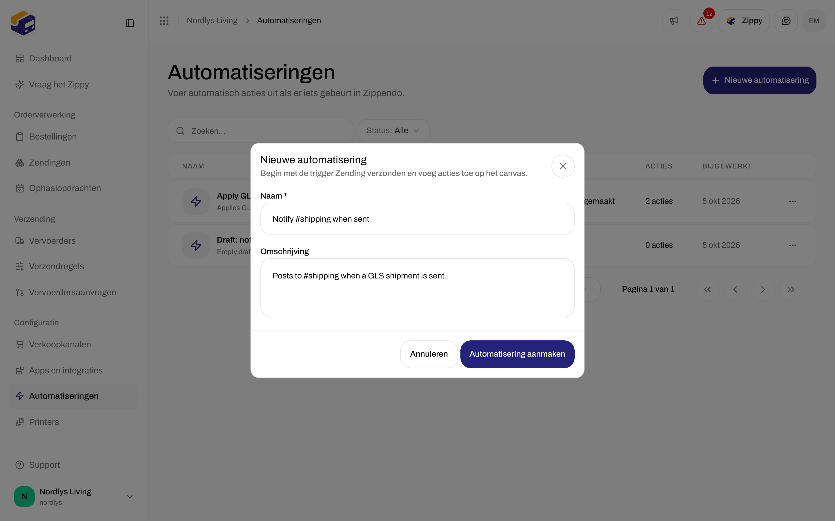 Venster Nieuwe automatisering met Naam, Omschrijving, Annuleren en Automatisering aanmaken