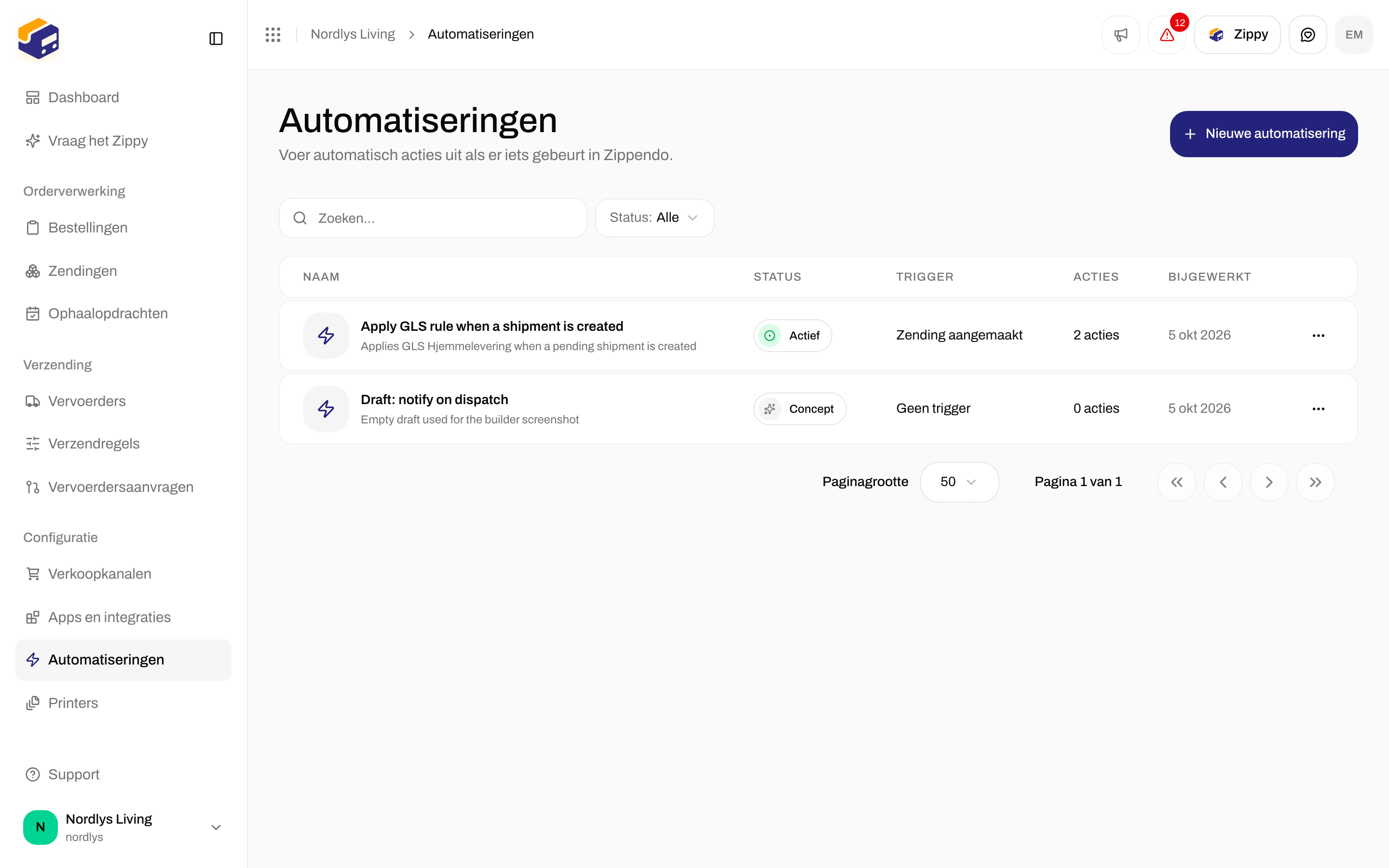 Paneel Filters met Zoeken en Status op de lijst Automatiseringen