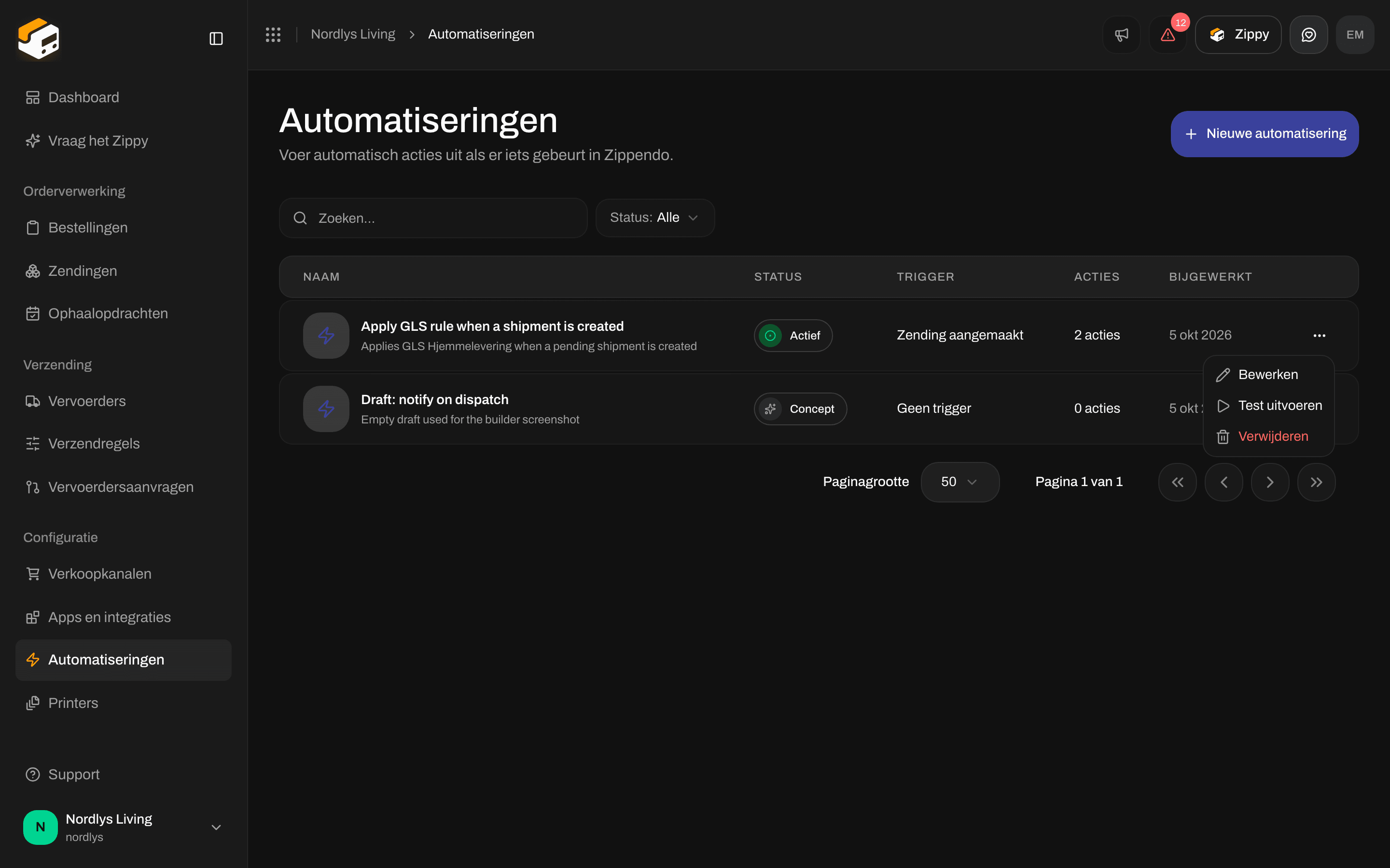 Rijmenu van Automatiseringen met Bewerken, Test uitvoeren en Verwijderen