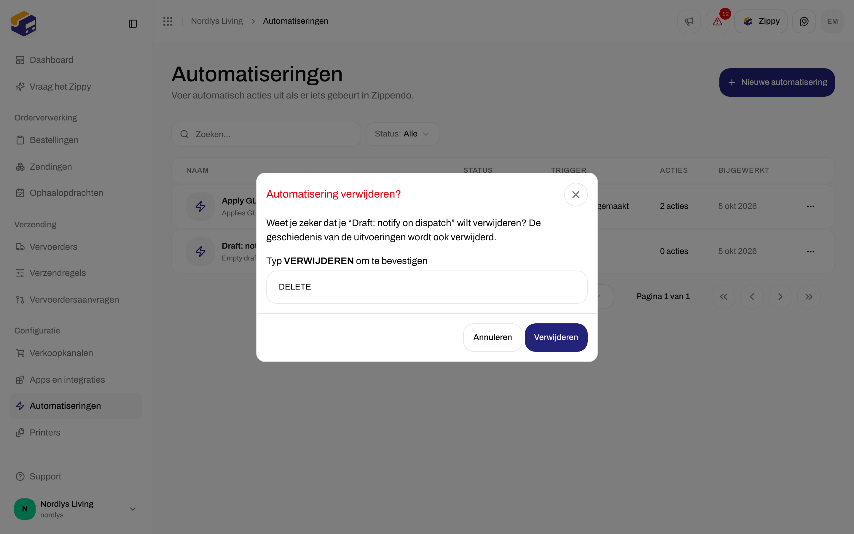 Venster Automatisering verwijderen? dat vraagt om DELETE te typen om te bevestigen