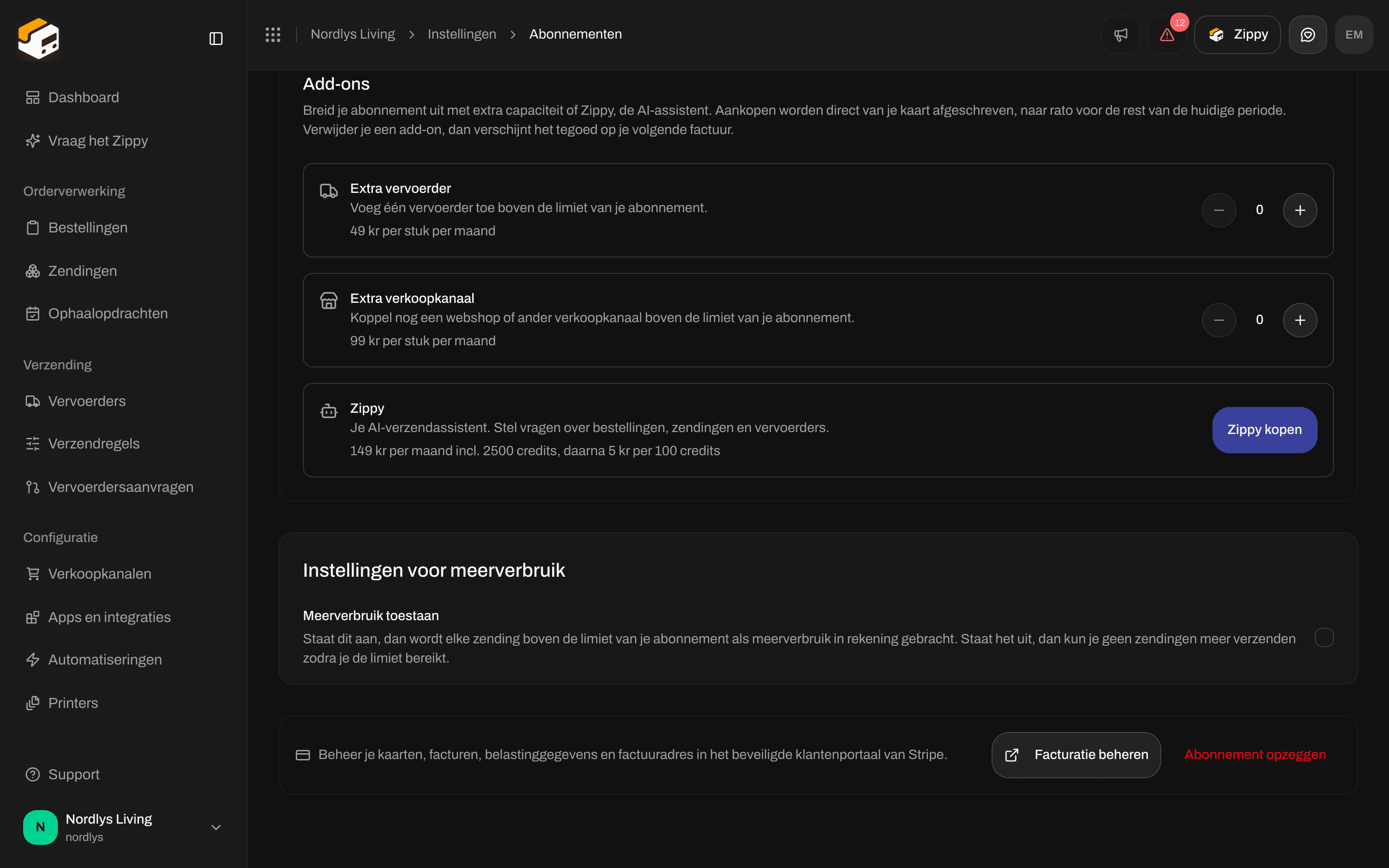 Instellingen voor meerverbruik met Meerverbruik toestaan en Facturatie beheren