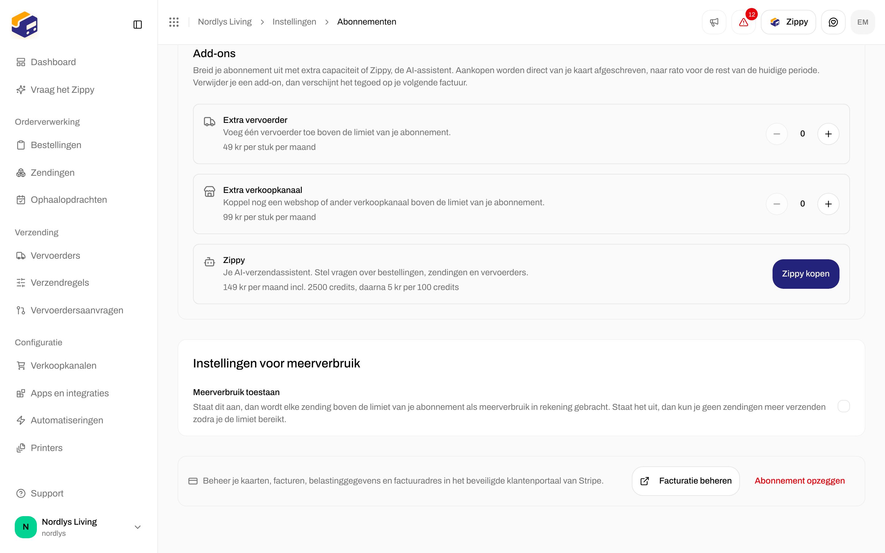 Instellingen voor meerverbruik met Meerverbruik toestaan en Facturatie beheren