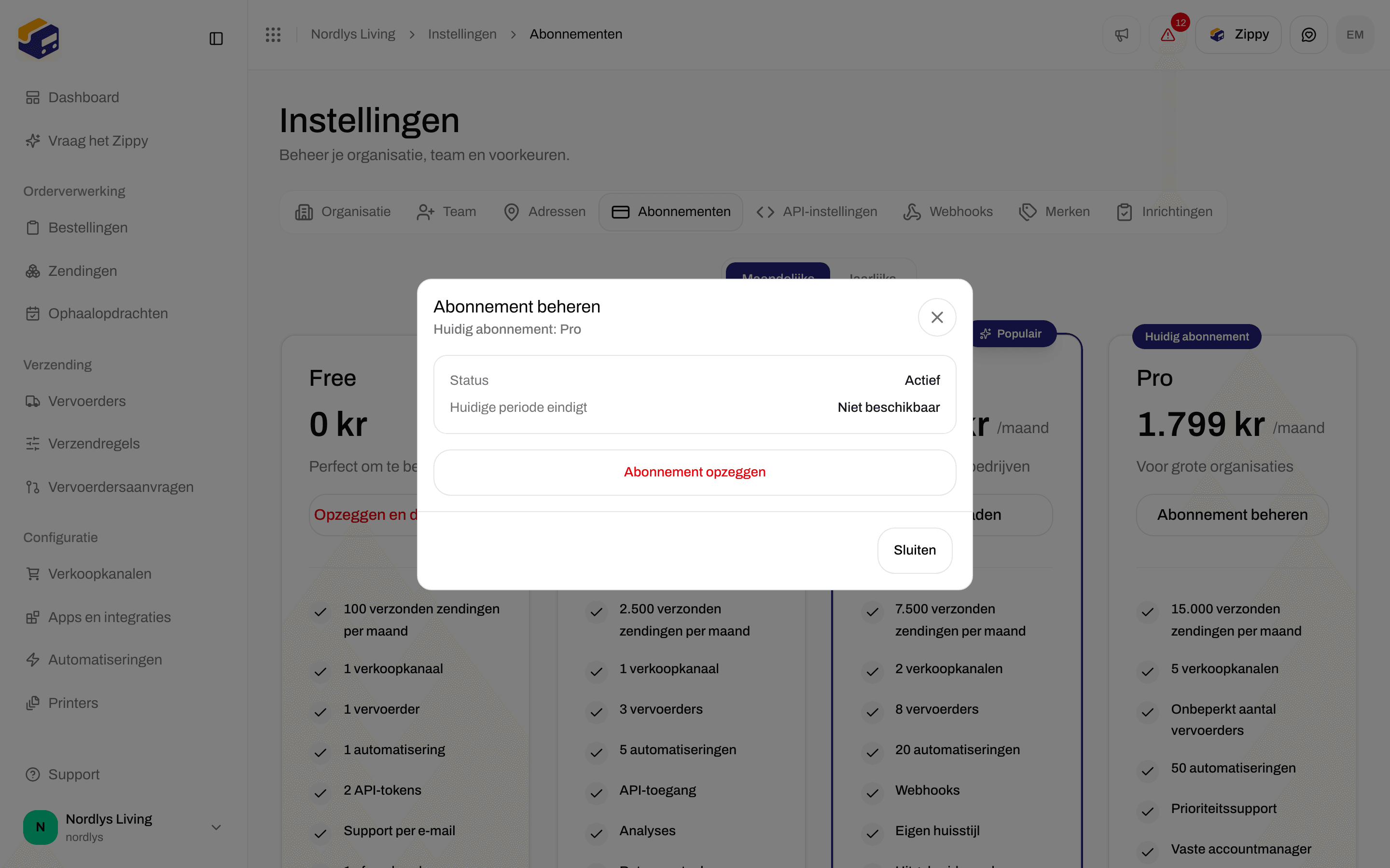 Venster Abonnement beheren met het huidige abonnement, de status en Abonnement opzeggen