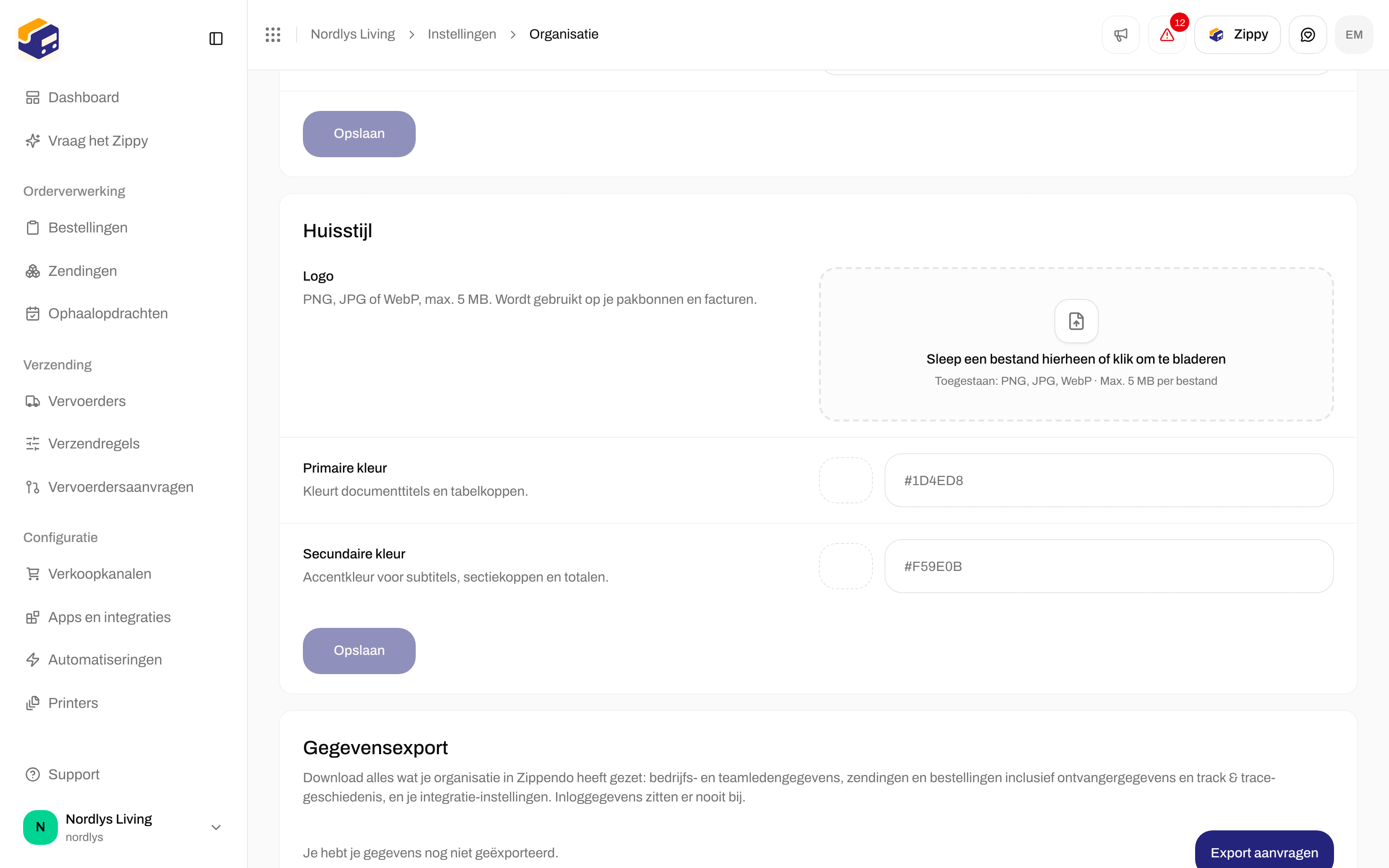 Onderdeel Huisstijl met logo uploaden, Primaire kleur, Secundaire kleur en Opslaan