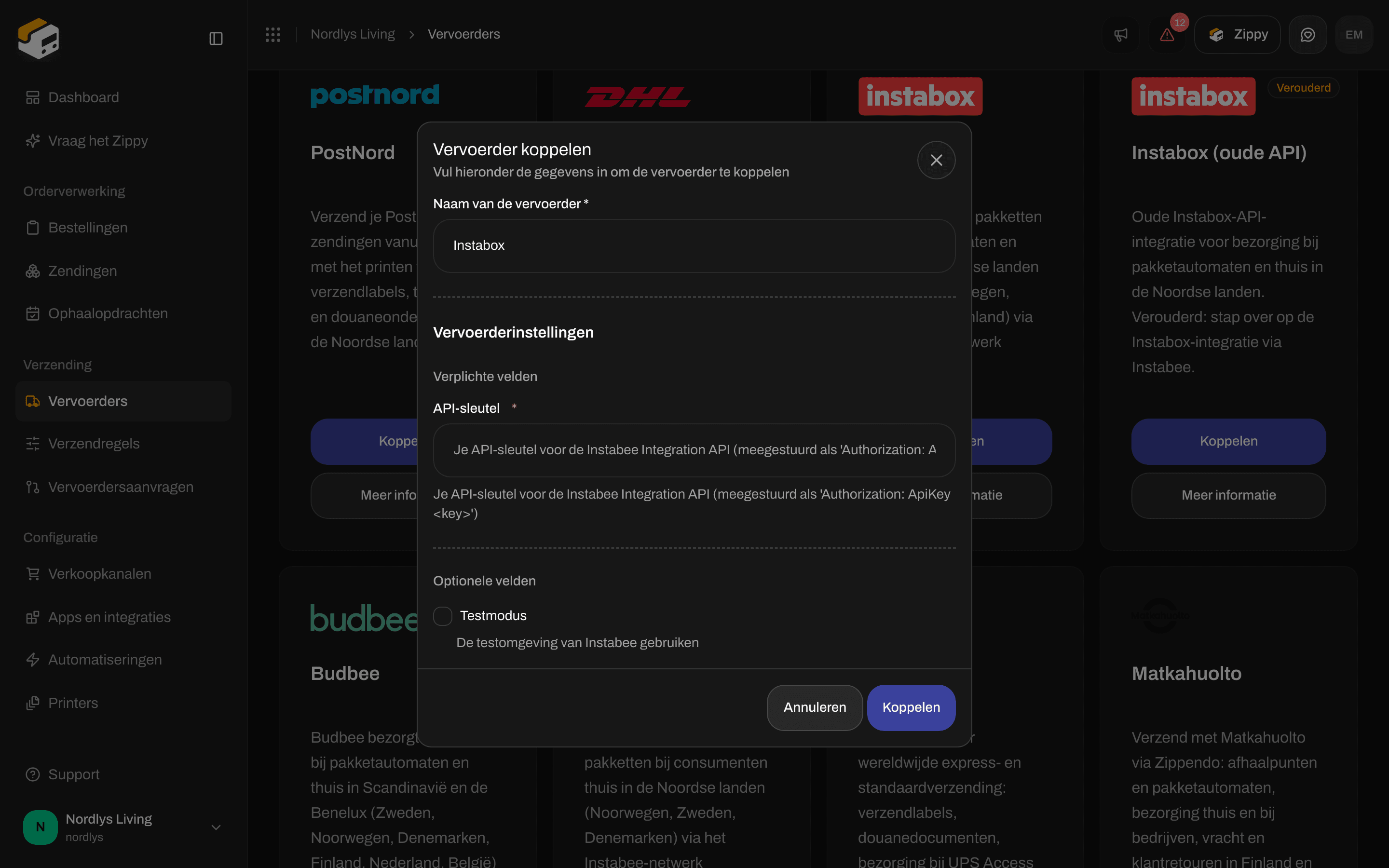 Vervoerder koppelen voor Instabox met API-sleutel en Testmodus