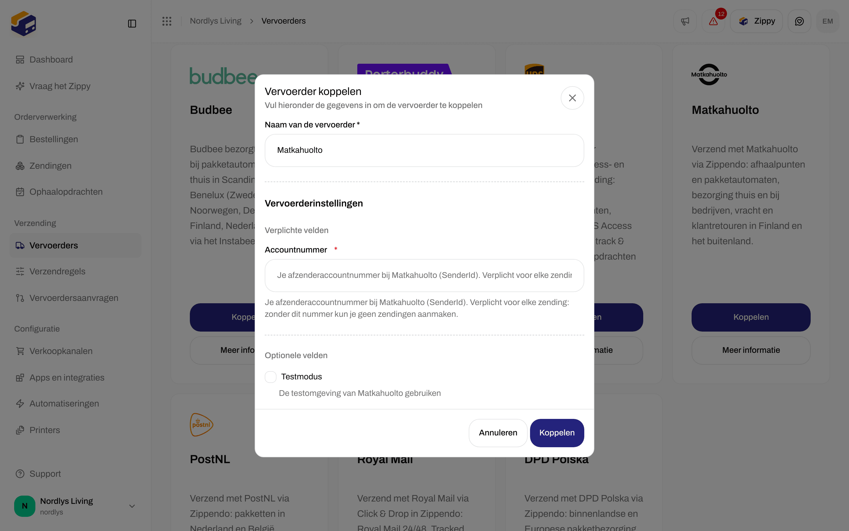 Vervoerder koppelen voor Matkahuolto met het verplichte Accountnummer