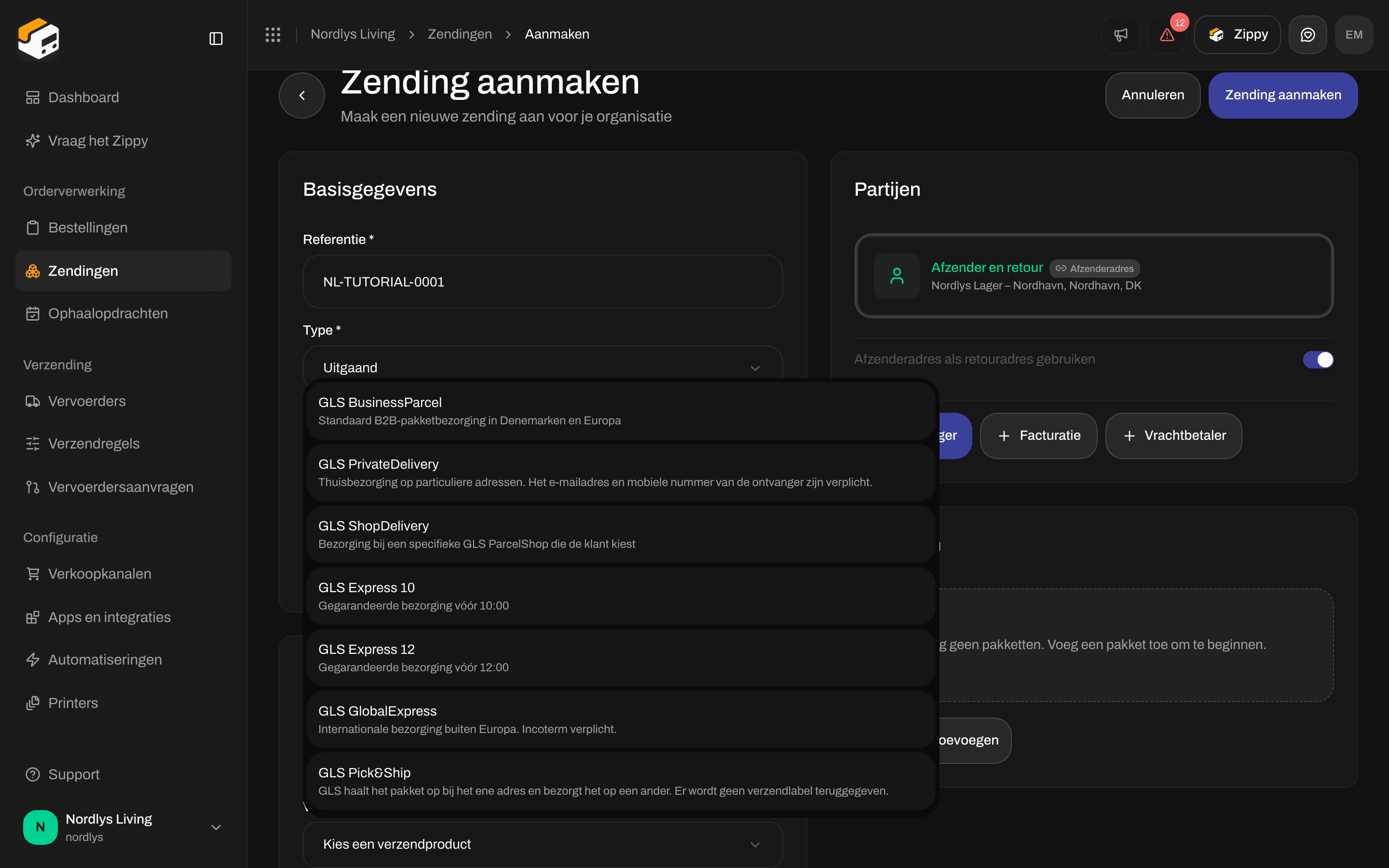 Kaart Vervoerderinstellingen met GLS Denmark gekozen en de lijst Verzendproduct open