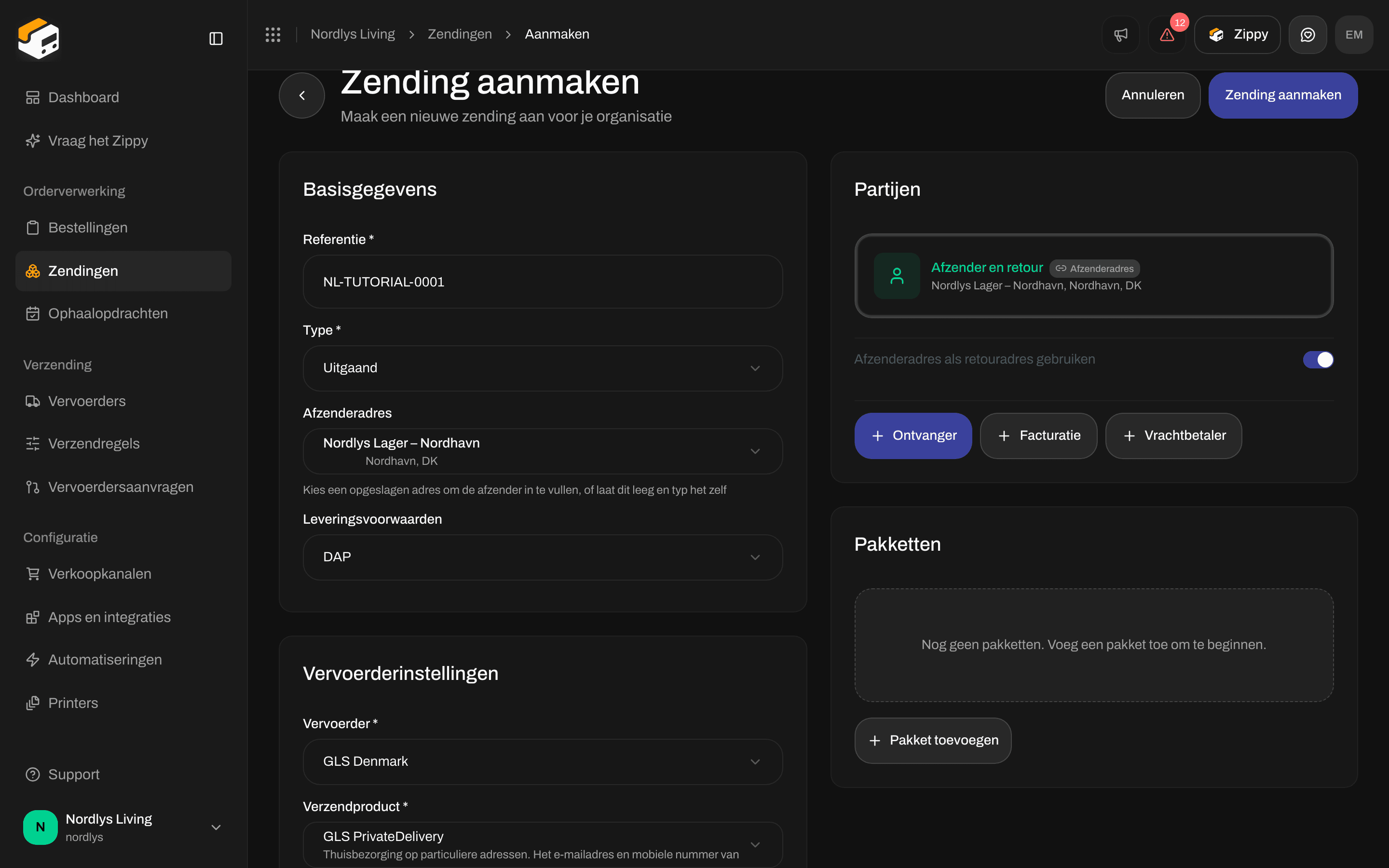 Kaart Vervoerderinstellingen met GLS PrivateDelivery en drie extra diensten