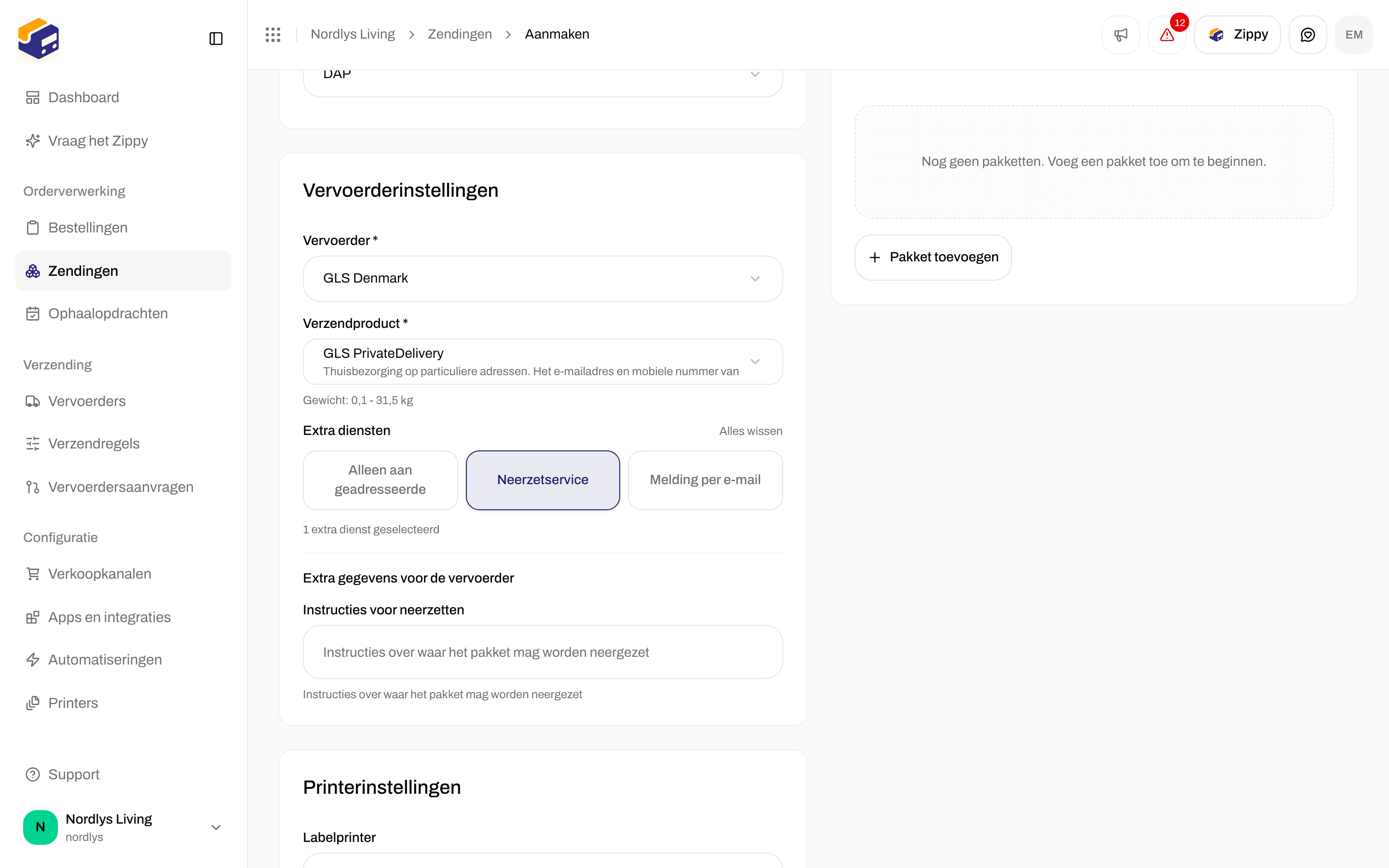 Extra gegevens voor de vervoerder met het veld Instructies voor neerzetten nadat Neerzetservice is aangezet
