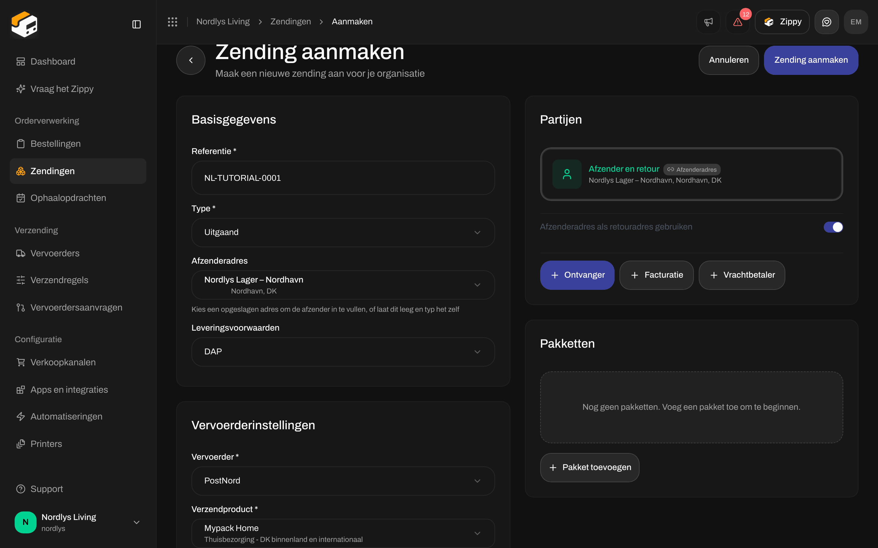 Kaart Vervoerderinstellingen met PostNord Mypack Home, de extra diensten en het zoekvak