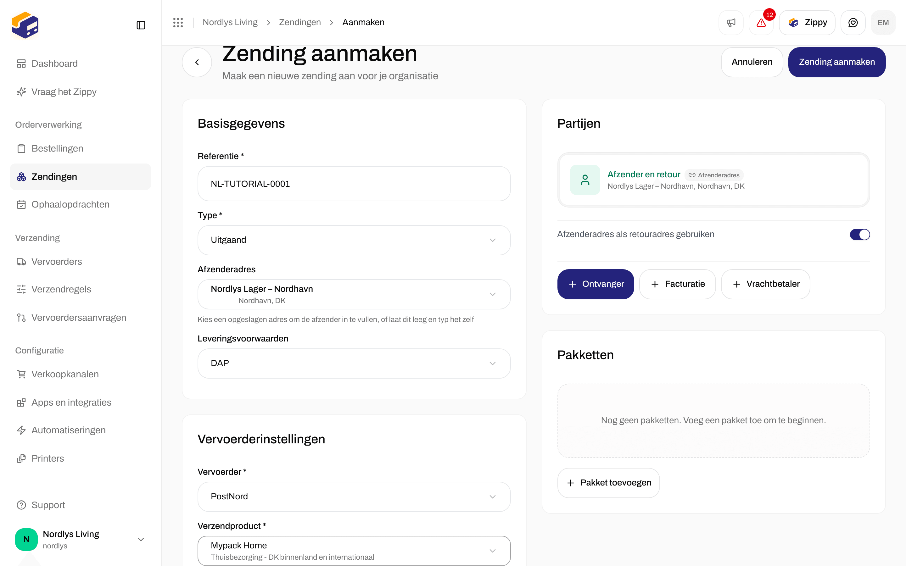 Kaart Vervoerderinstellingen met PostNord Mypack Home, de extra diensten en het zoekvak