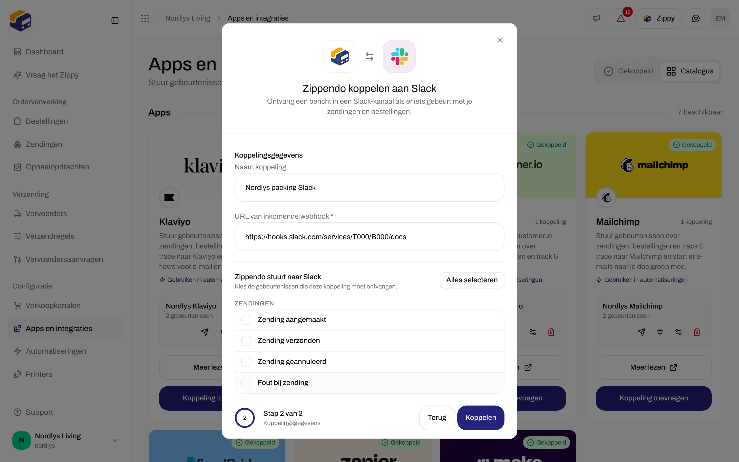 Koppelvenster voor Slack met een naam voor de koppeling, de Incoming webhook-URL en selectievakjes voor gebeurtenissen