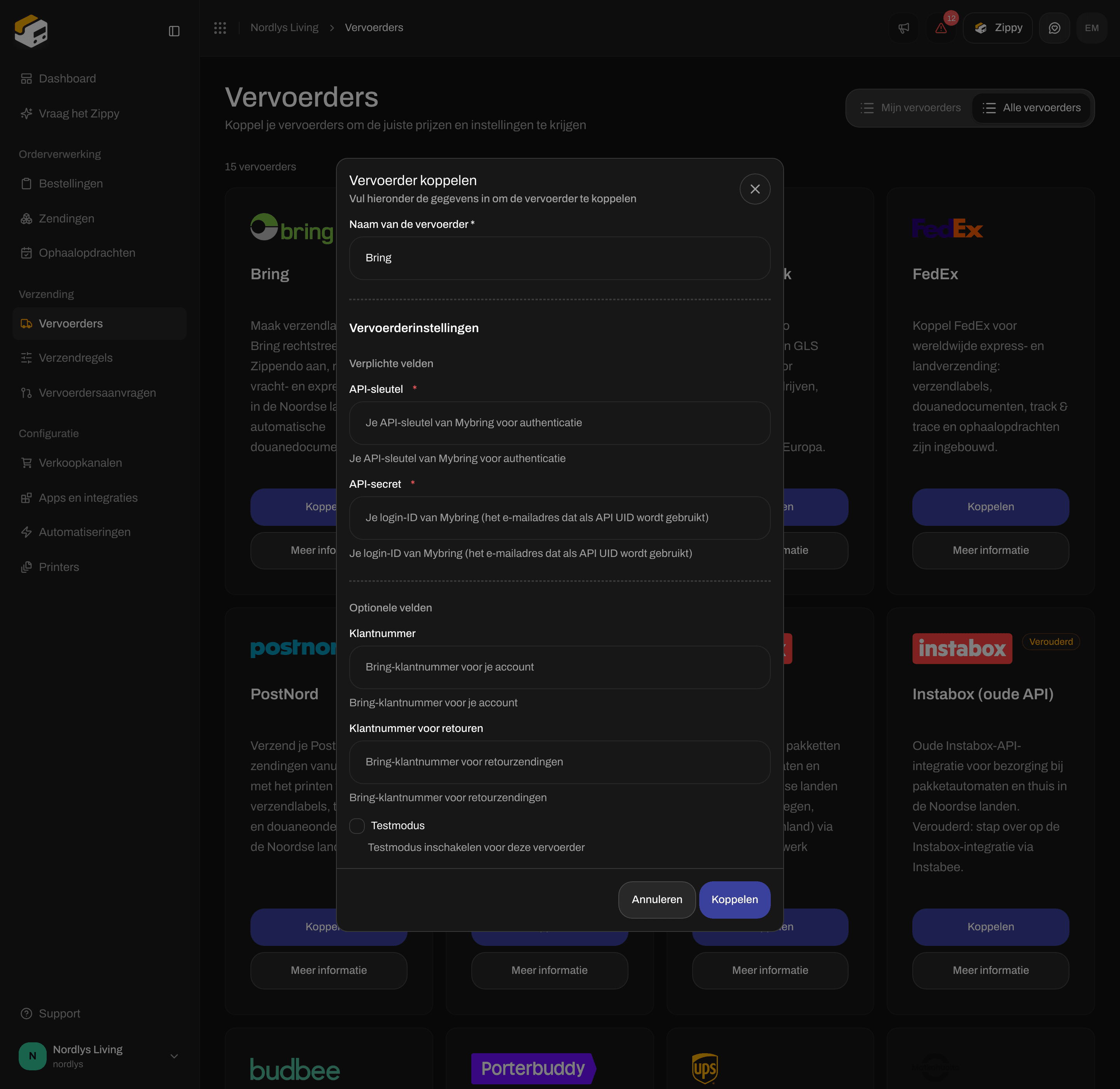 Venster Vervoerder koppelen voor Bring met de verplichte velden API-sleutel en API-secret