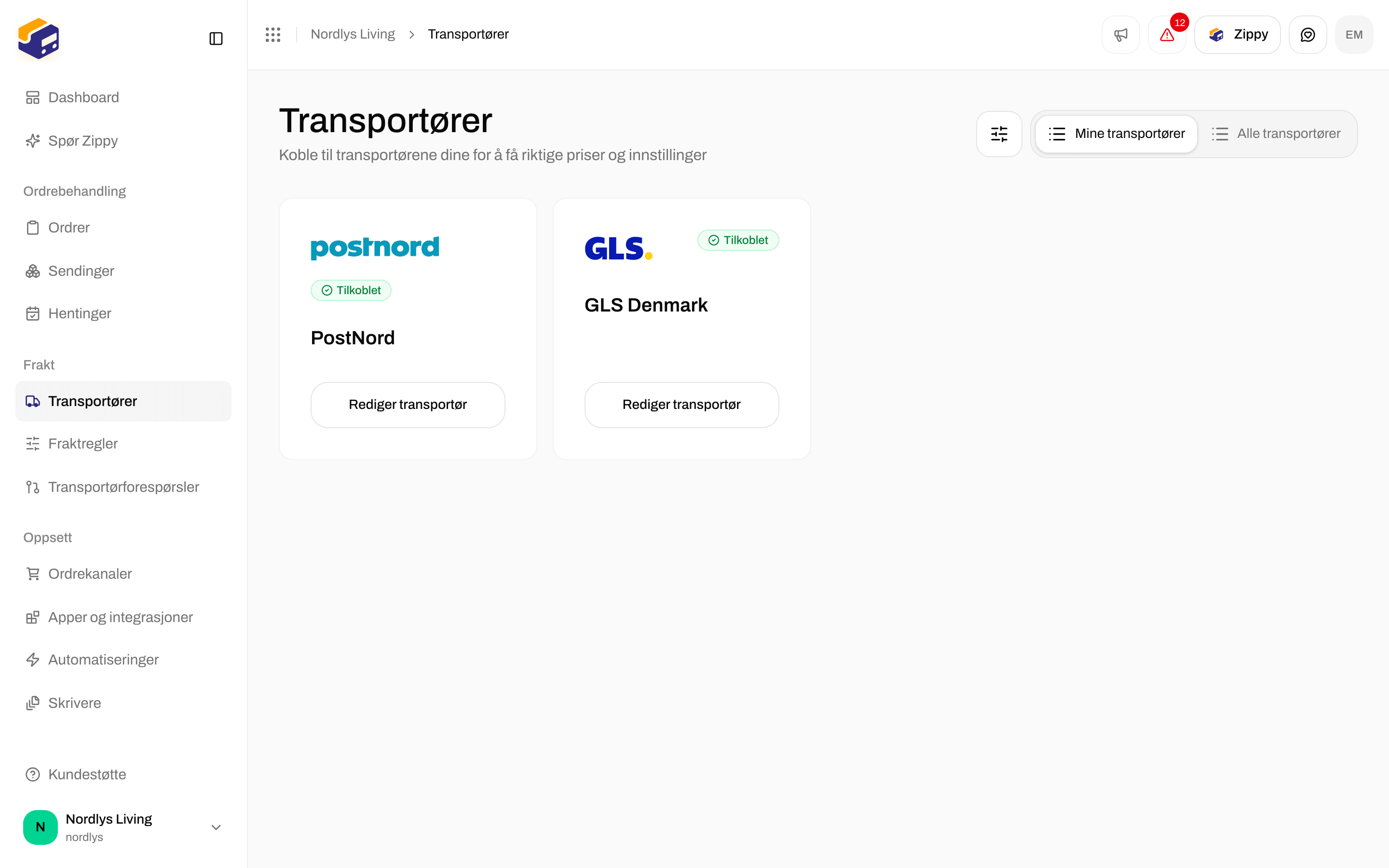 Fanen Mine transportører med PostNord og GLS Denmark, begge Tilkoblet