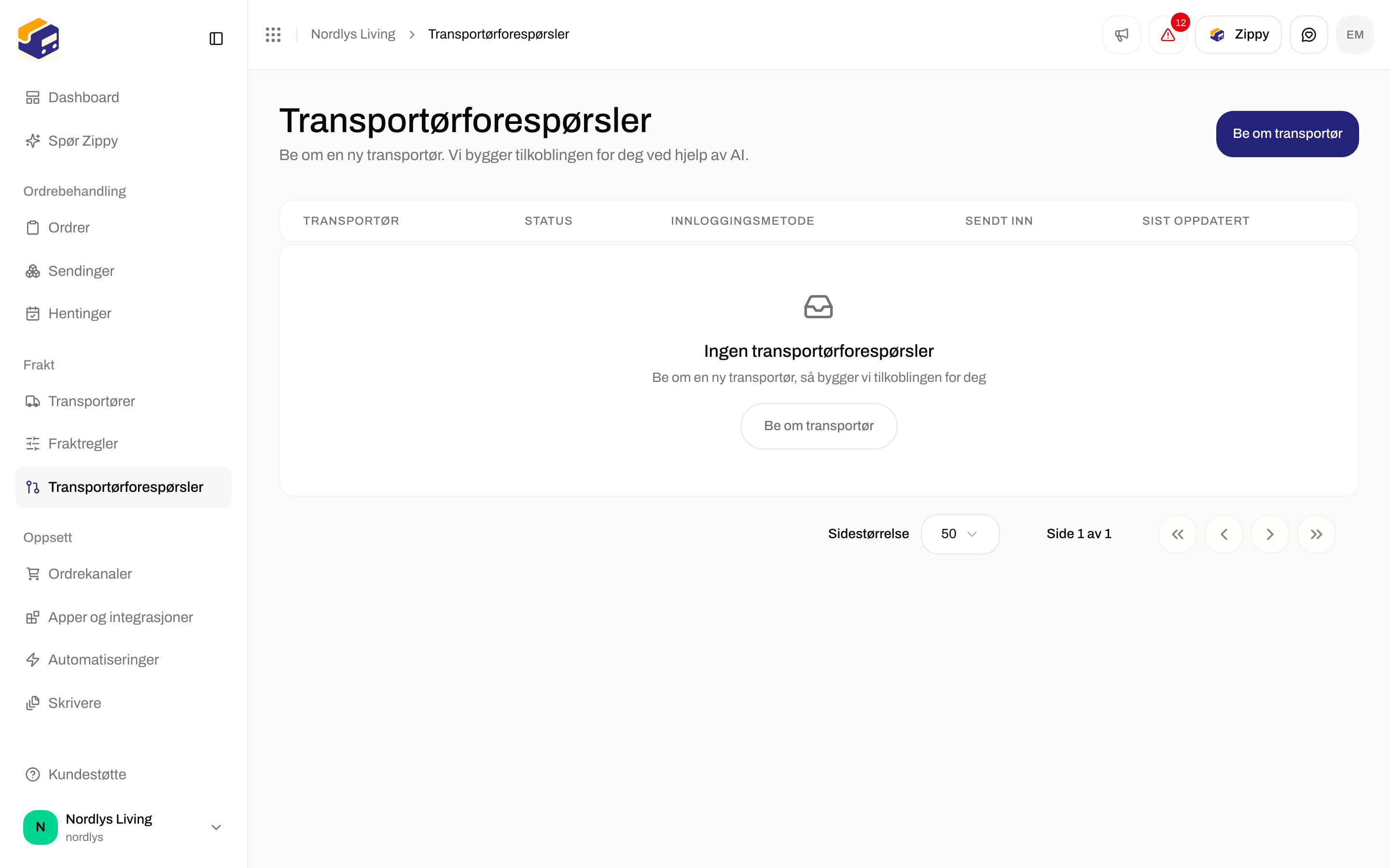 Siden Transportørforespørsler uten forespørsler ennå og knappen Be om transportør