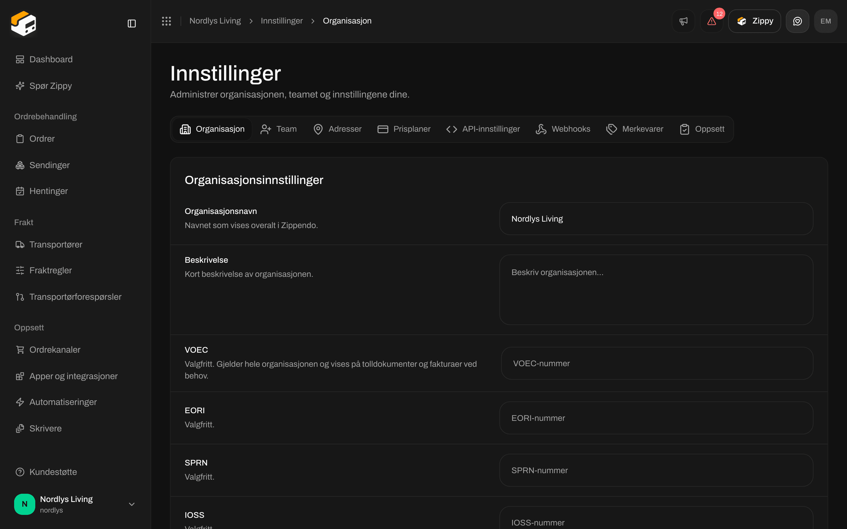 Organisasjonsinnstillinger med organisasjonsnavnet og feltene for tollnumre