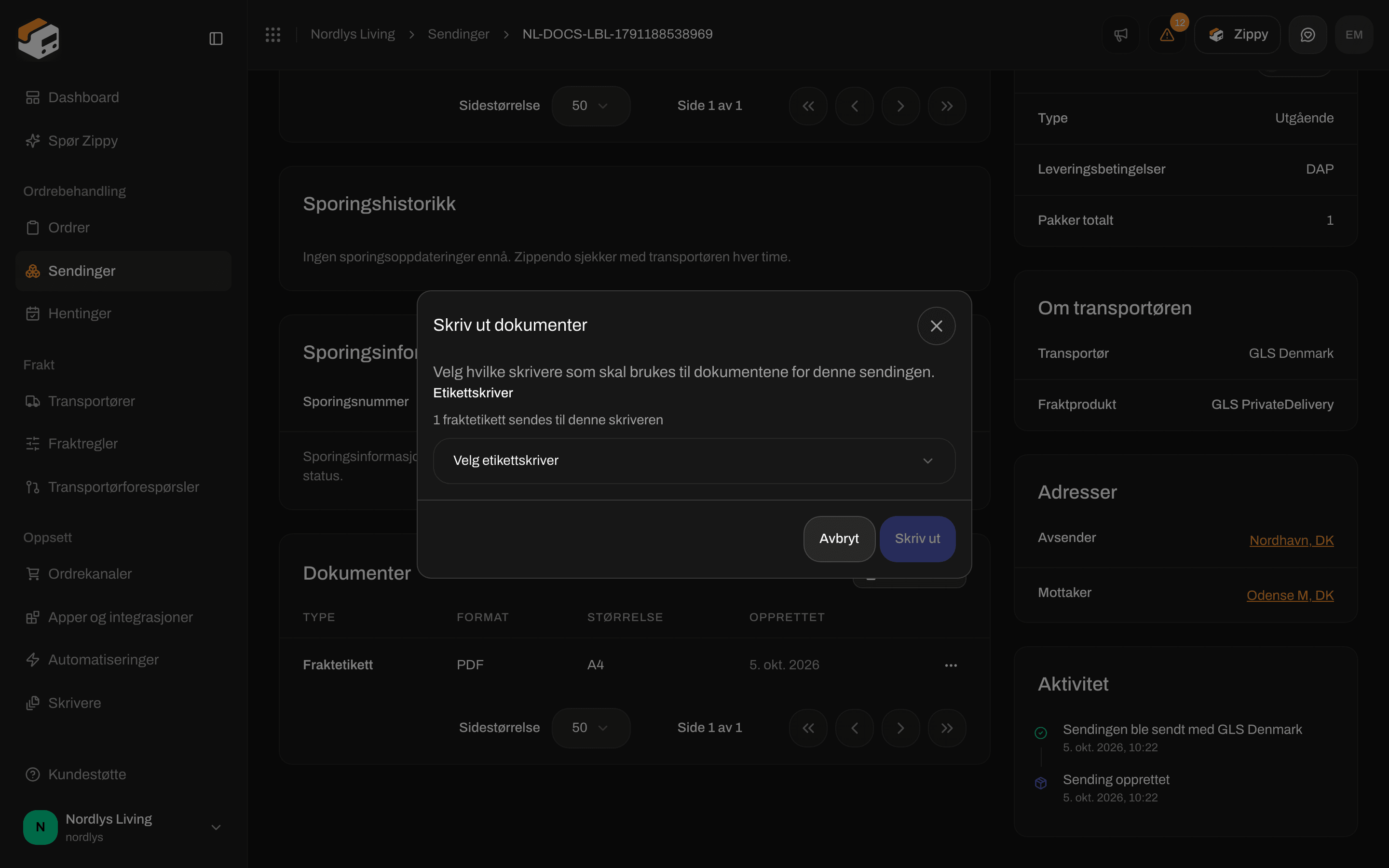 Vinduet Skriv ut dokumenter som ber om en etikettskriver