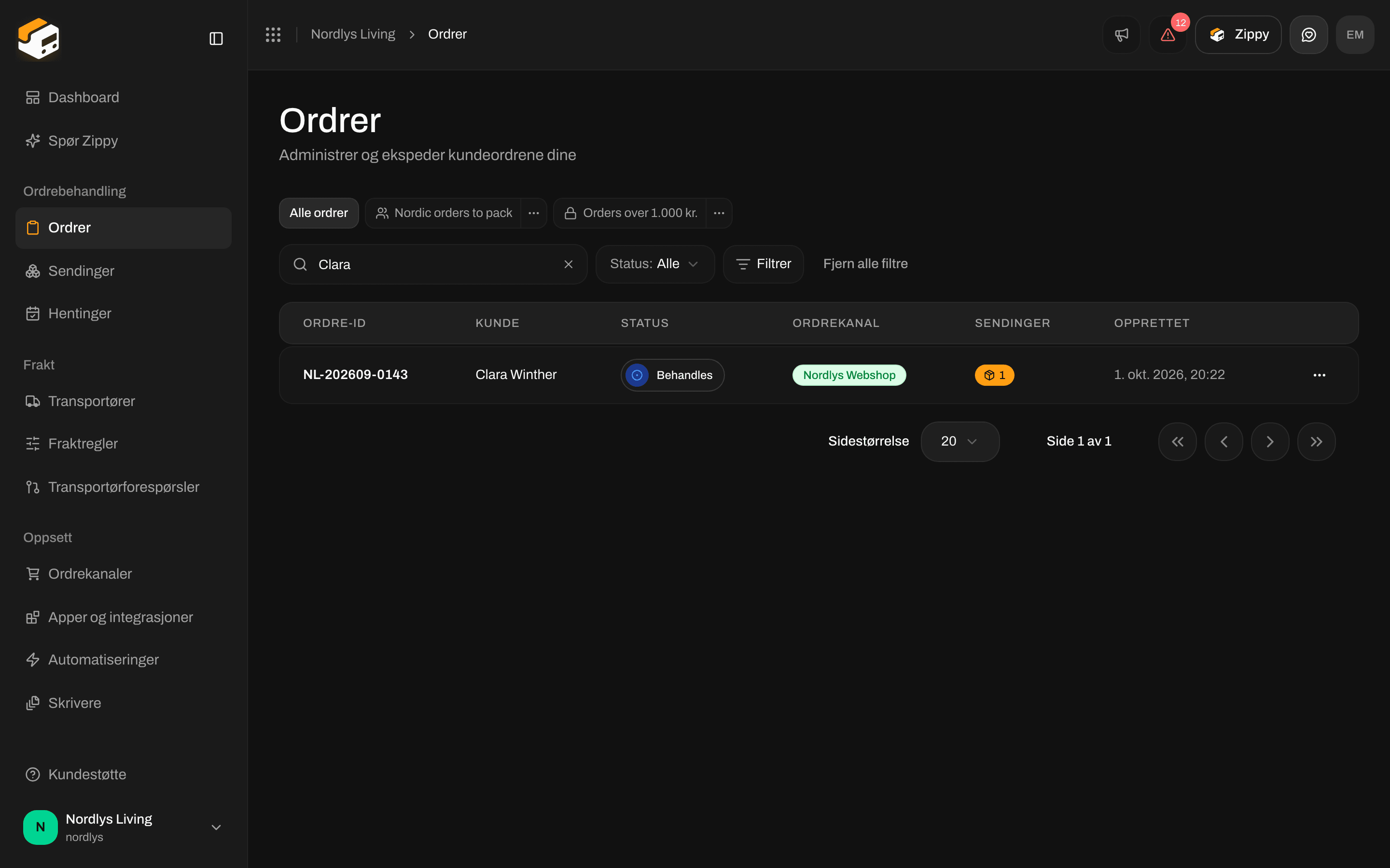 Ordrelisten avgrenset av et søk til én ordre med status Behandles og én sending
