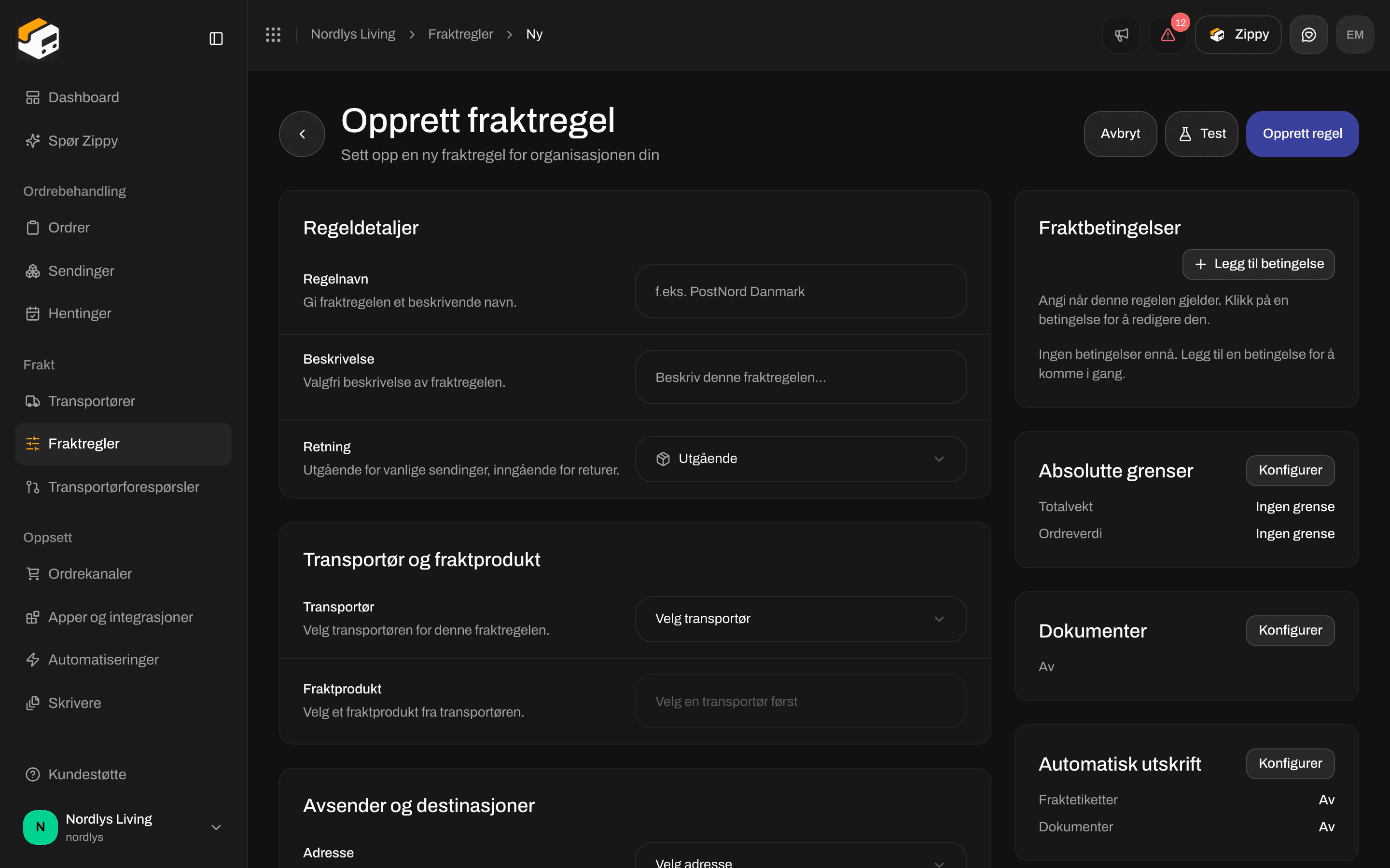 Skjemaet Opprett fraktregel med Retning satt til Utgående og beskrivelsen som forklarer valget inngående for returer
